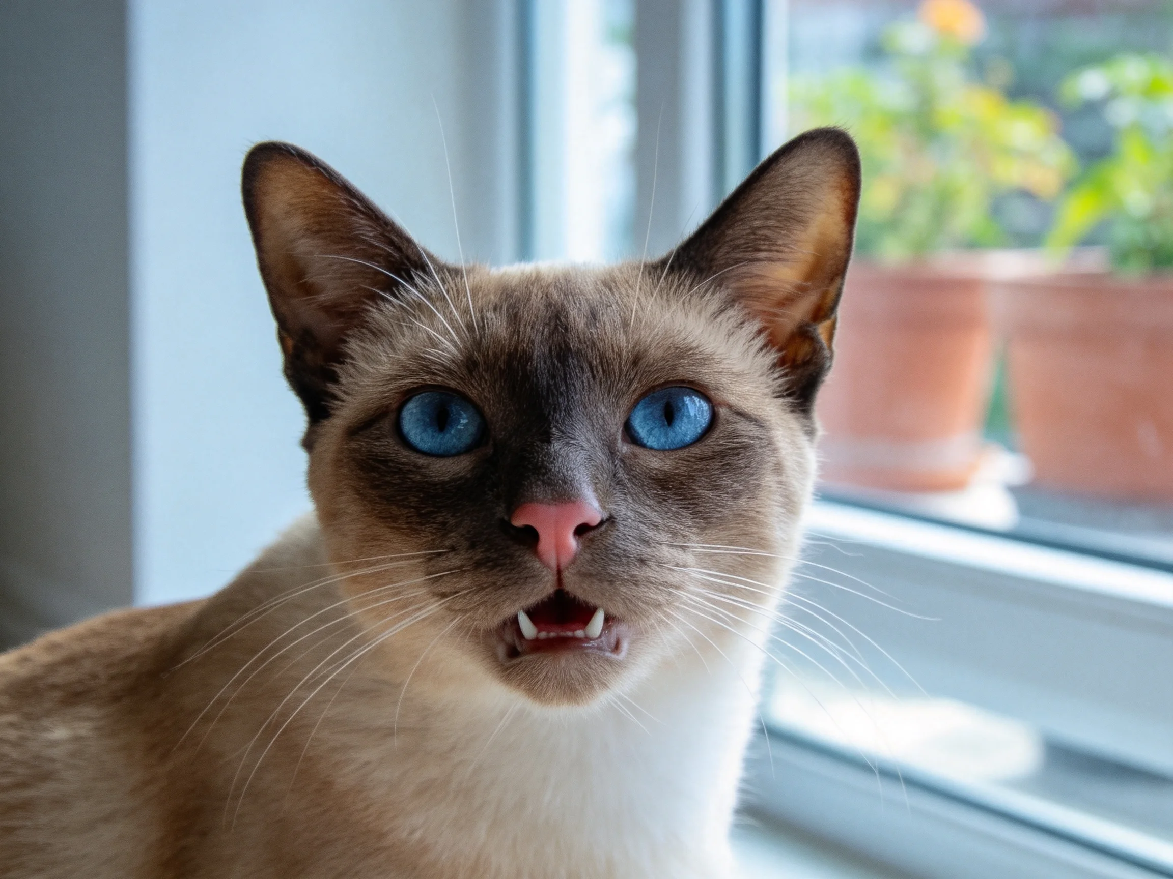 一只暹罗猫,拥有蓝色的眼睛和典型的暹罗猫外观,正面向镜头,能看到其柔软的毛发和清晰的胡须。