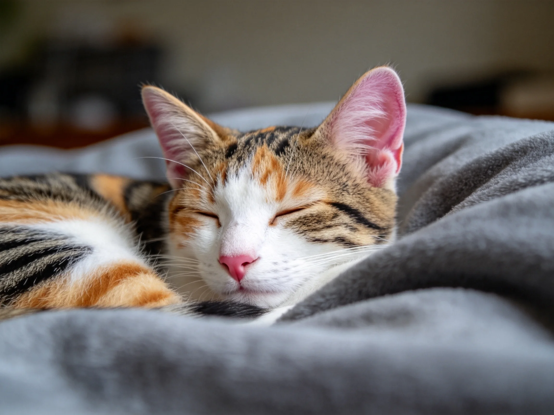 三色短毛猫安静地蜷缩在灰色织物上,白色与橙黑的毛发清晰可见。