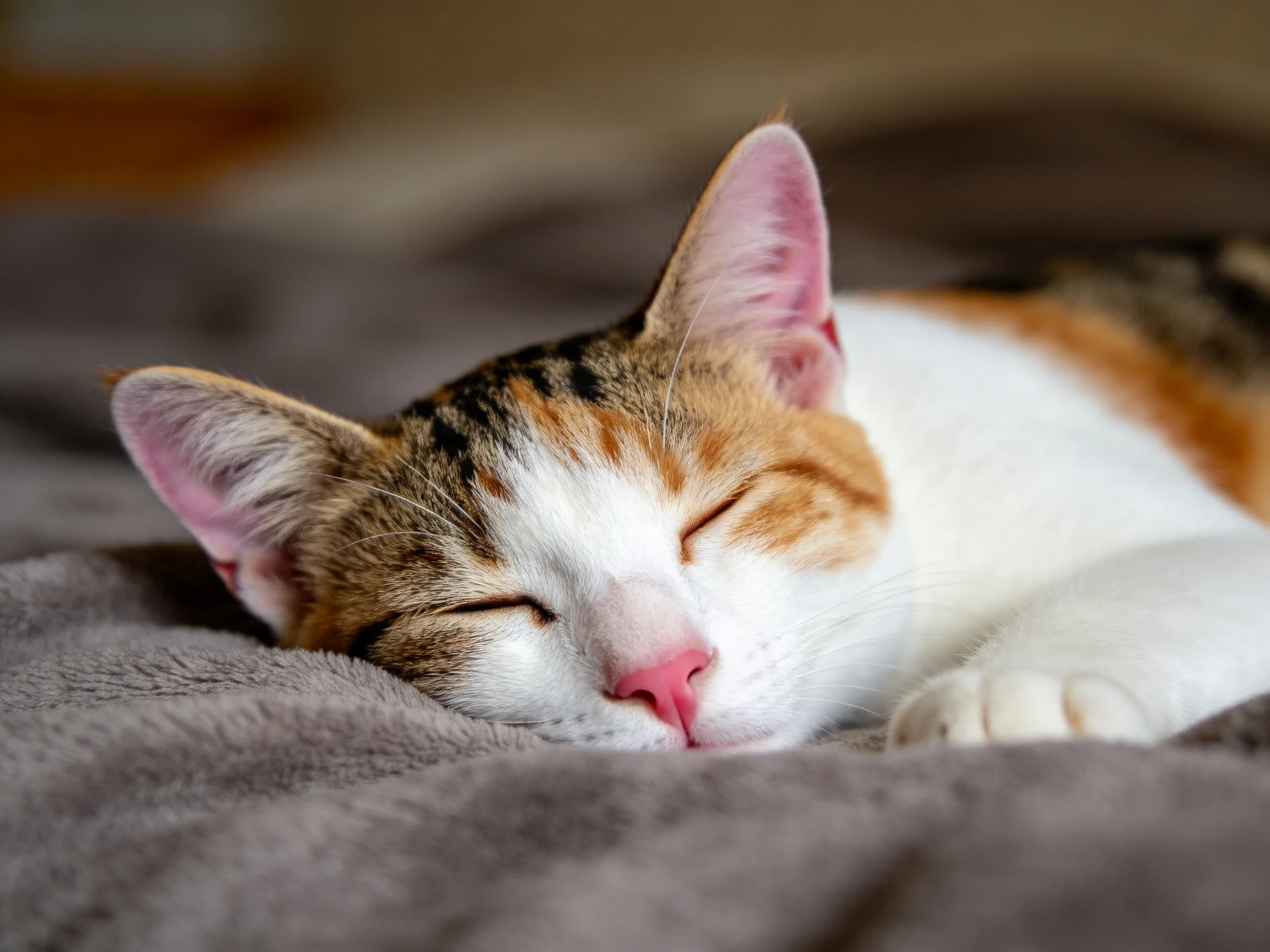 三色短毛家猫闭眼睡在柔软灰色毯面上,白色、橙色与虎斑色毛发清晰可见,粉色鼻尖舒展。