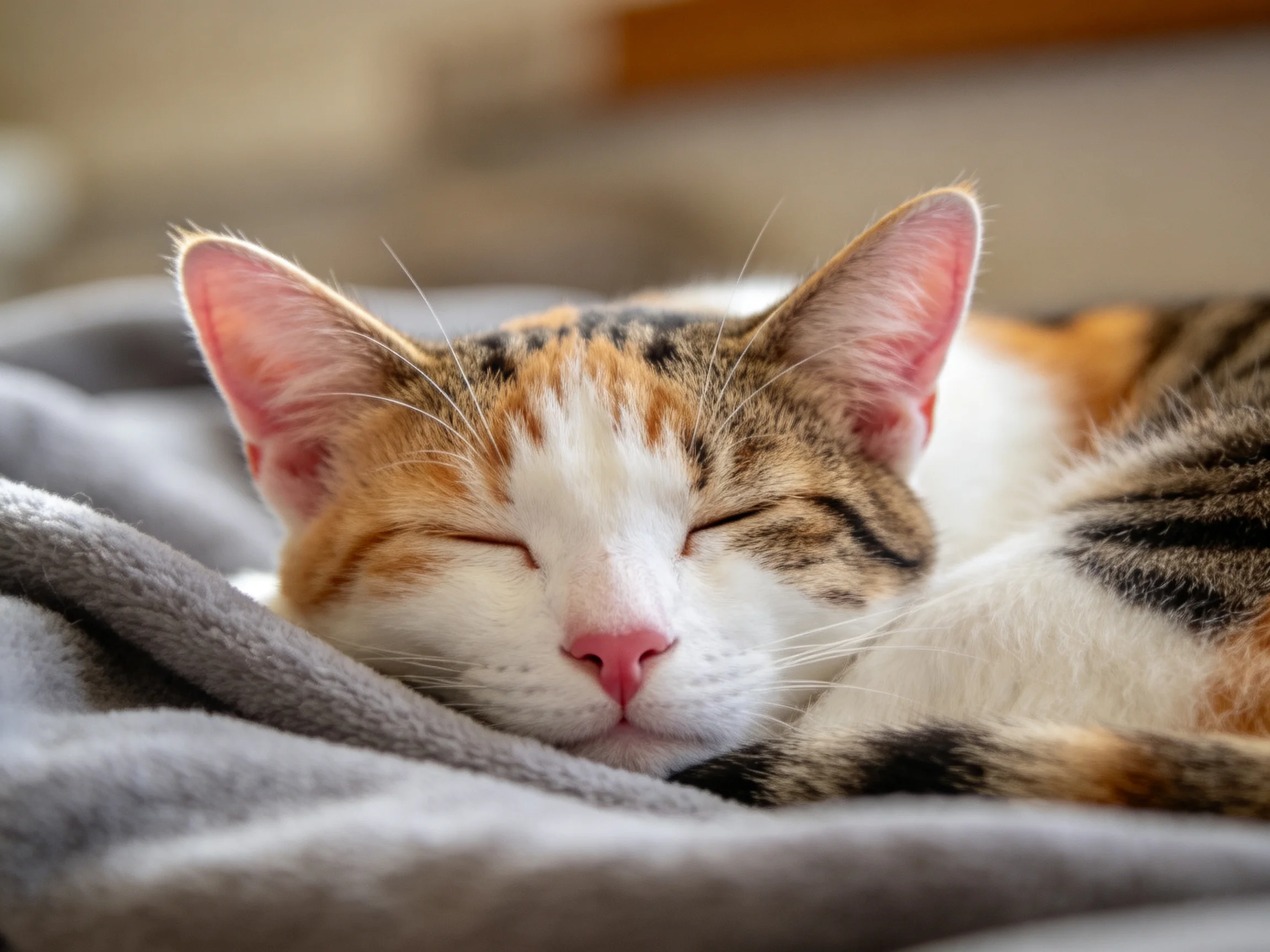 三色短毛家猫闭着眼睛躺在灰色毯子上,鼻子是粉红色的,毛发呈现出橙白黑相间的图案。