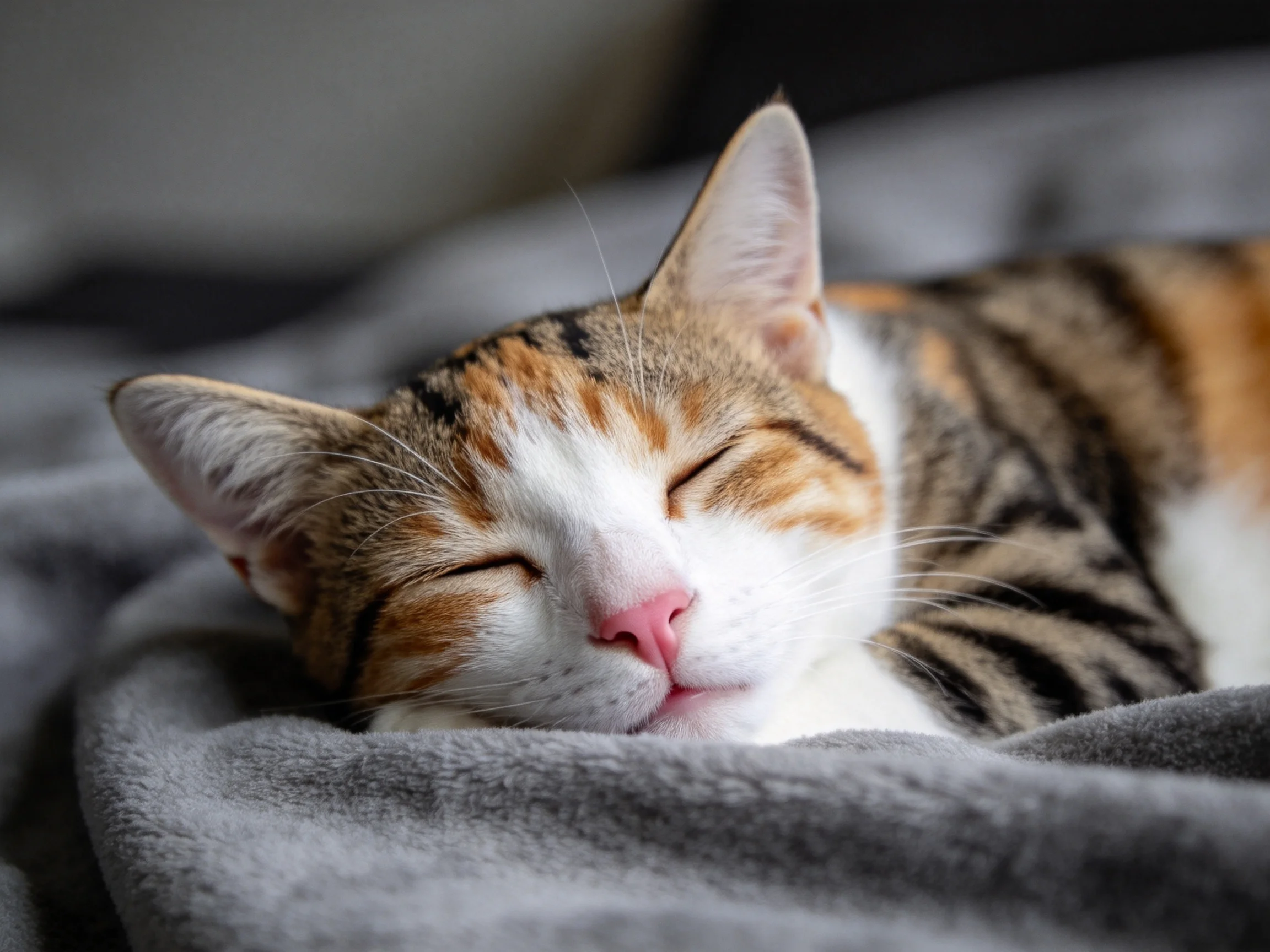 一只三色短毛家猫闭着眼躺在灰色毯子上,胡须轻柔地搭在脸颊处。