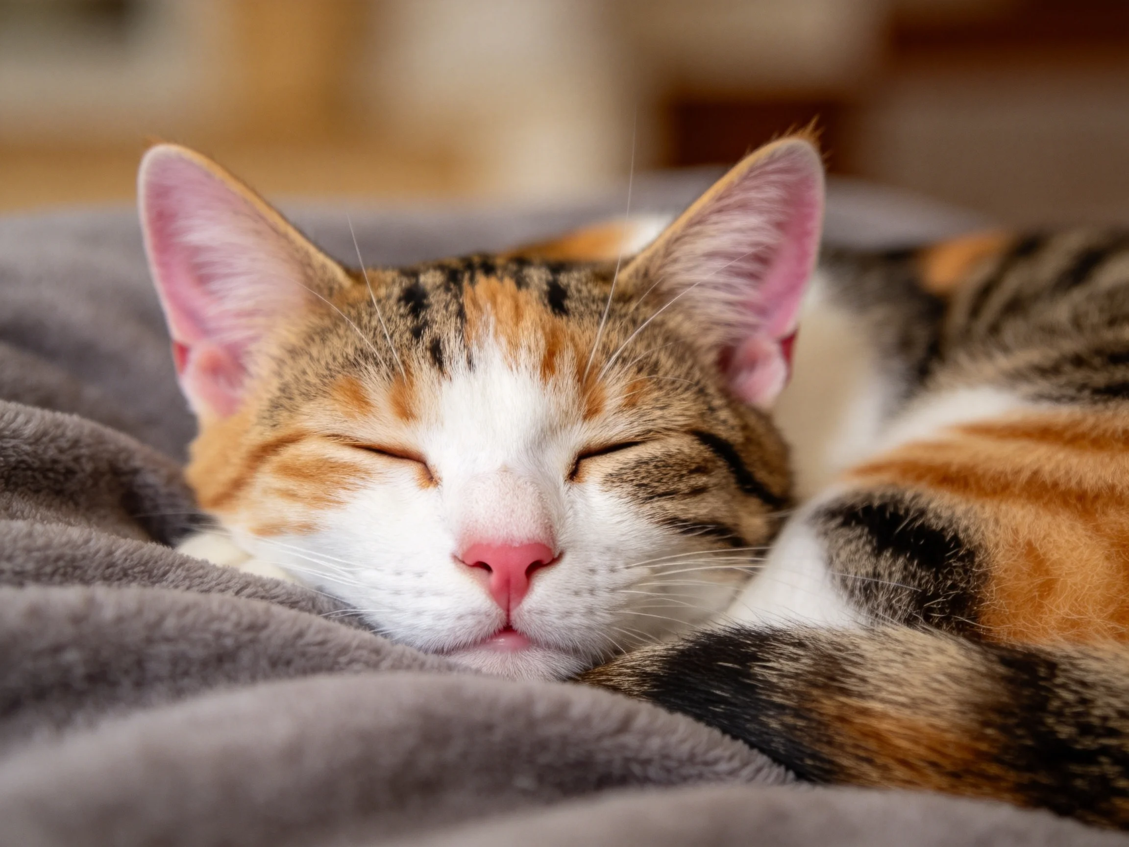 灰色毯子上闭眼休息的三色短毛猫,粉红色鼻尖清晰可见。