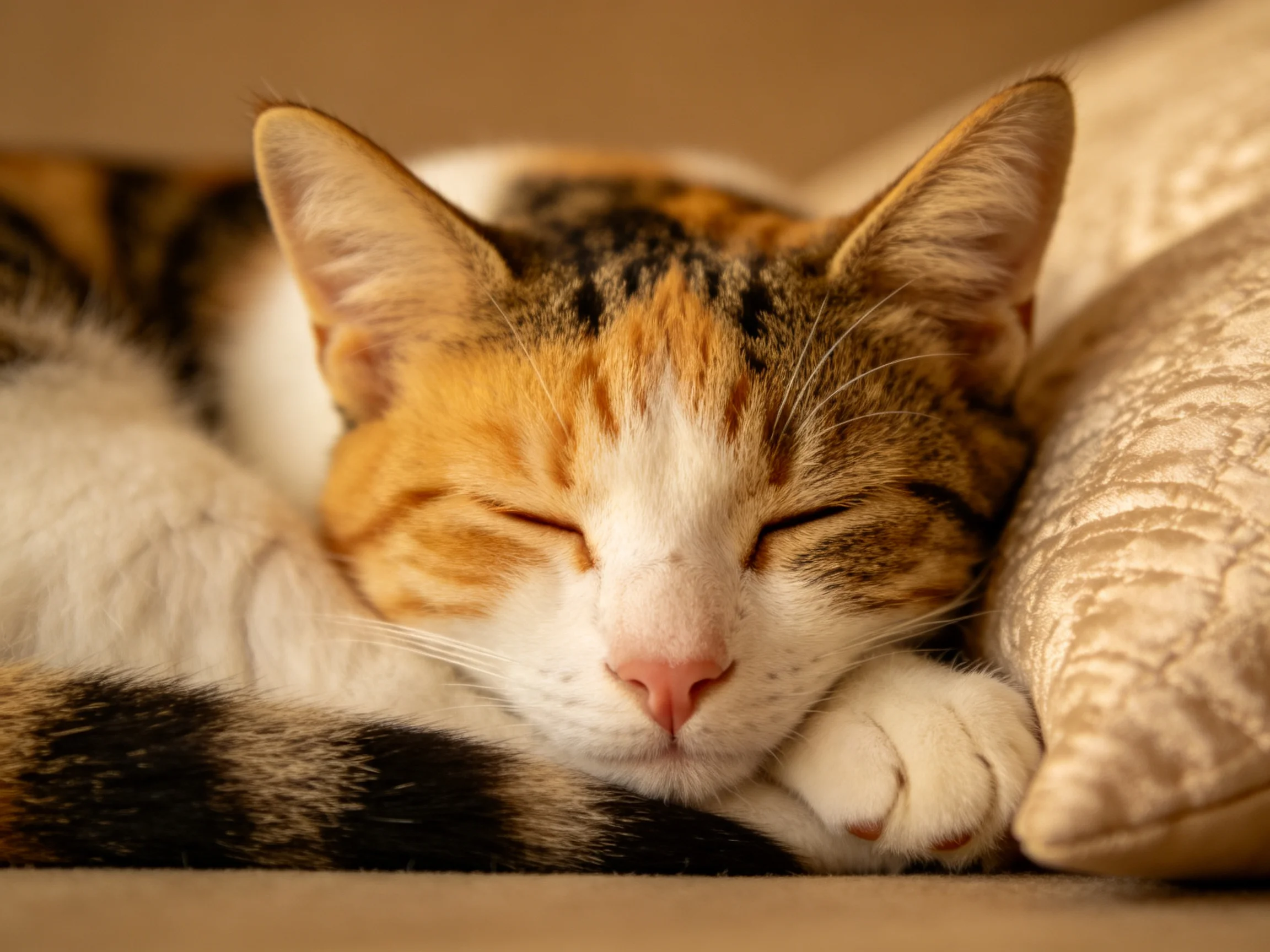 三色短毛猫安静地蜷卧在沙发上,前爪轻搭在脸颊处,橙白相间的毛发在暖光下清晰可见。