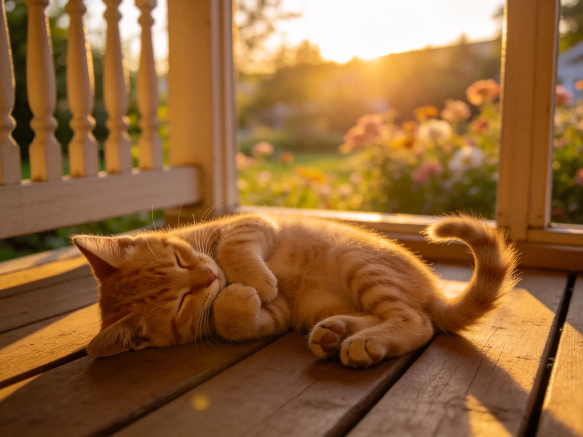 橘色短毛家猫在夕阳下安静地趴在木质平台上,柔软的皮毛紧贴身体,姿态放松。