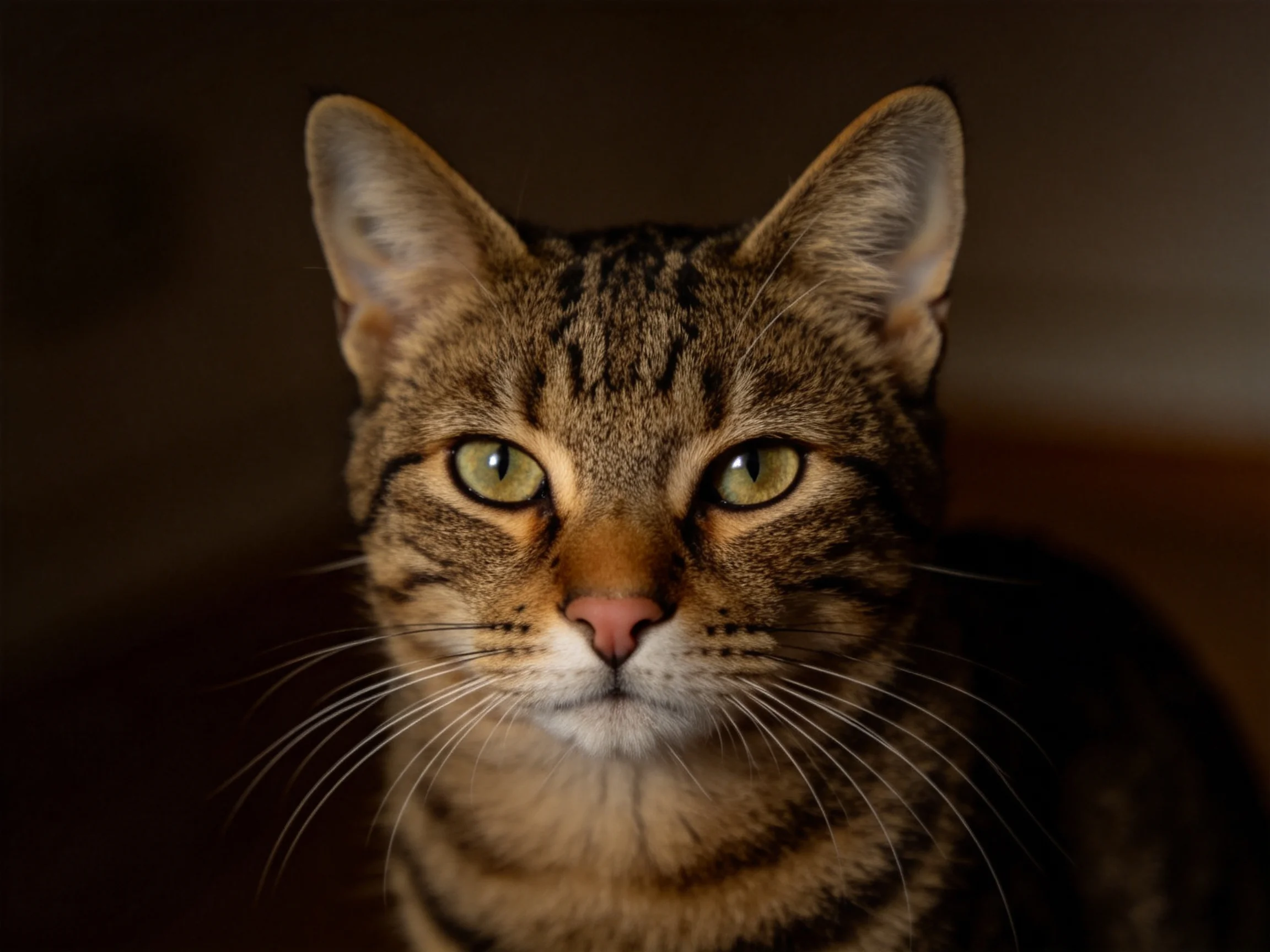 短毛虎斑家猫特写镜头,浅绿色眼睛与清晰虎斑纹路清晰可见。