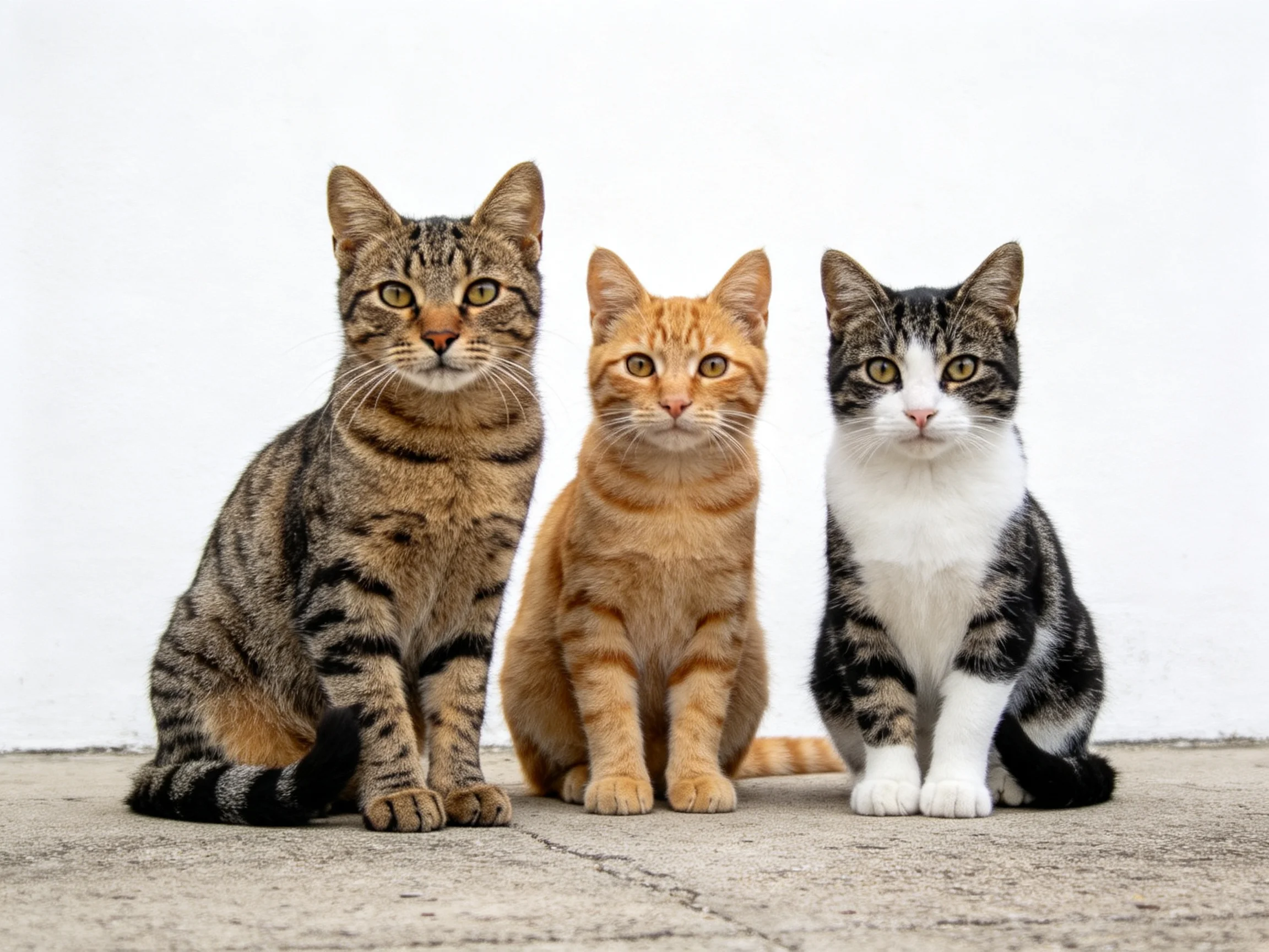 三只短毛家猫并排而坐,其中一只为棕褐条纹,一只为橘色,另一只为黑白花色,它们都拥有短而浓密的皮毛。