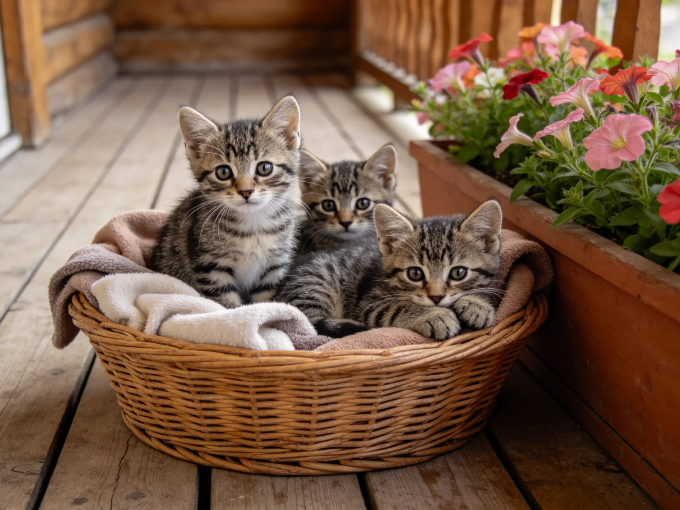 三只短毛虎斑猫安静地坐在篮子里,身上有清晰的虎斑纹路,眼神明亮注视前方。