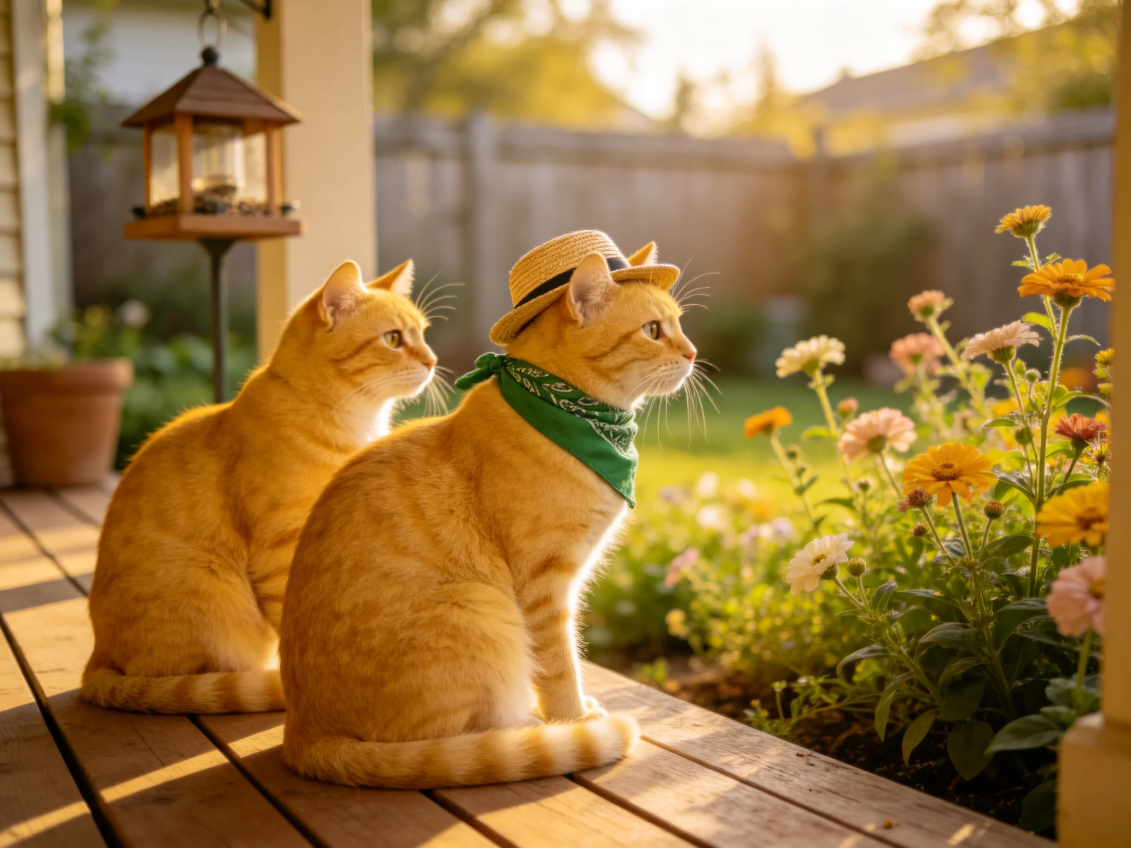 两只橘色短毛家猫中,一只戴着草帽并系着绿色丝巾,它们拥有柔软的橘色皮毛,正专注地凝视着花园里的花卉。