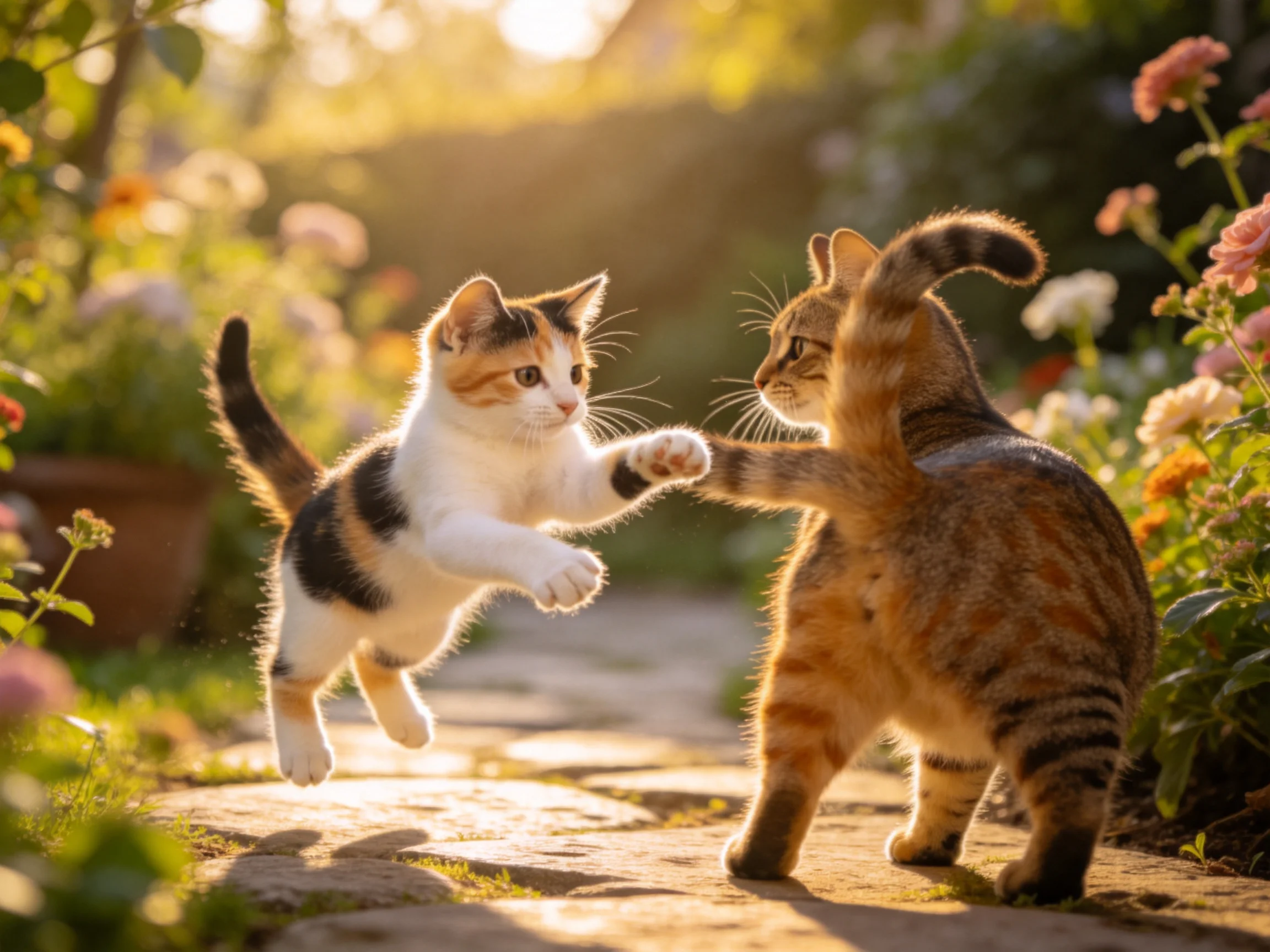 阳光下两只短毛家猫,其中一只三色花斑的家猫正跃起与前爪伸展的橙棕色虎斑纹家猫进行互动,毛发蓬松且带有明显纹理。