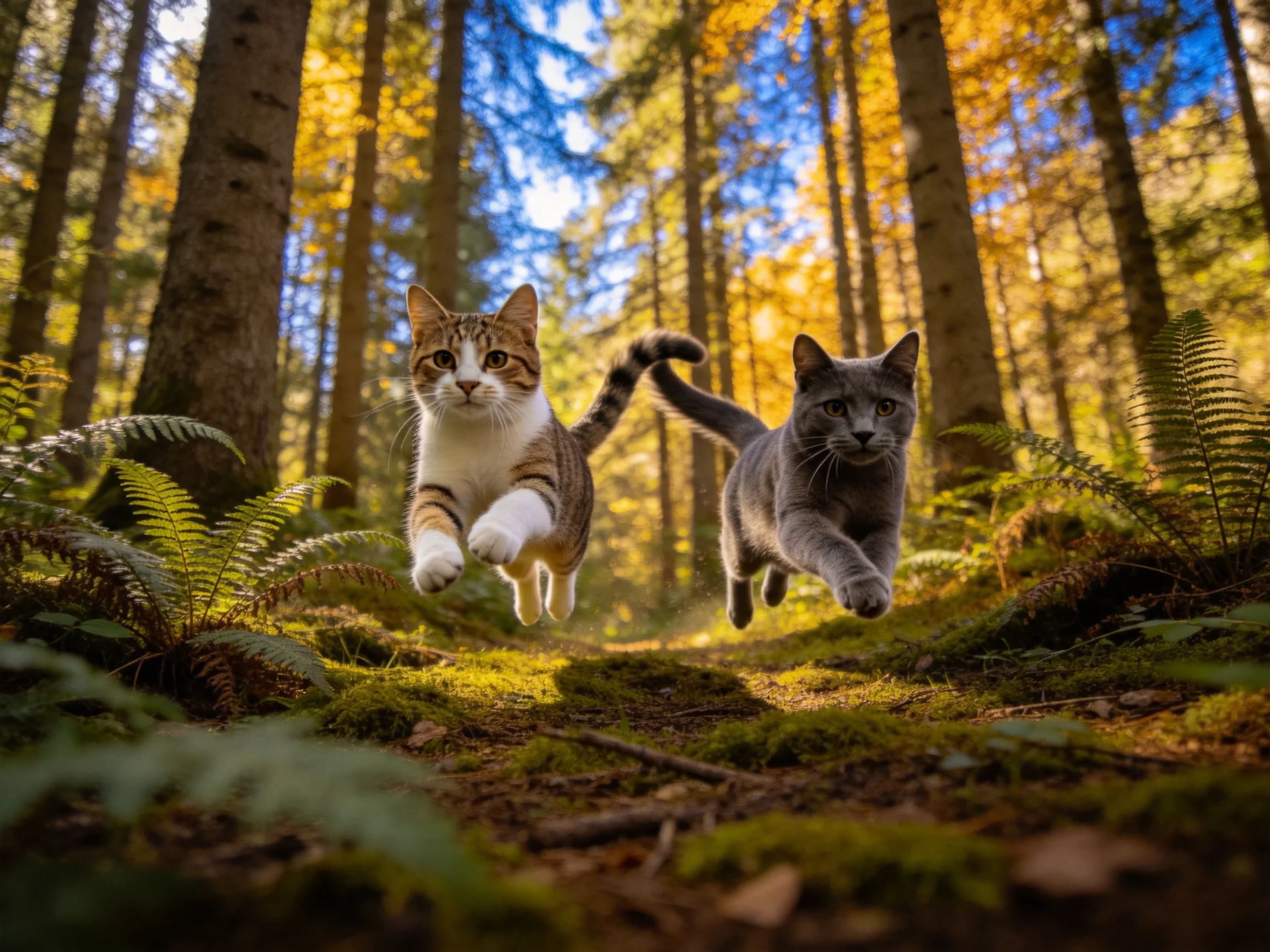 两只短毛家猫在森林中奔跑，一只是棕白相间花纹，另一只是纯灰色，皮毛柔软有光泽。