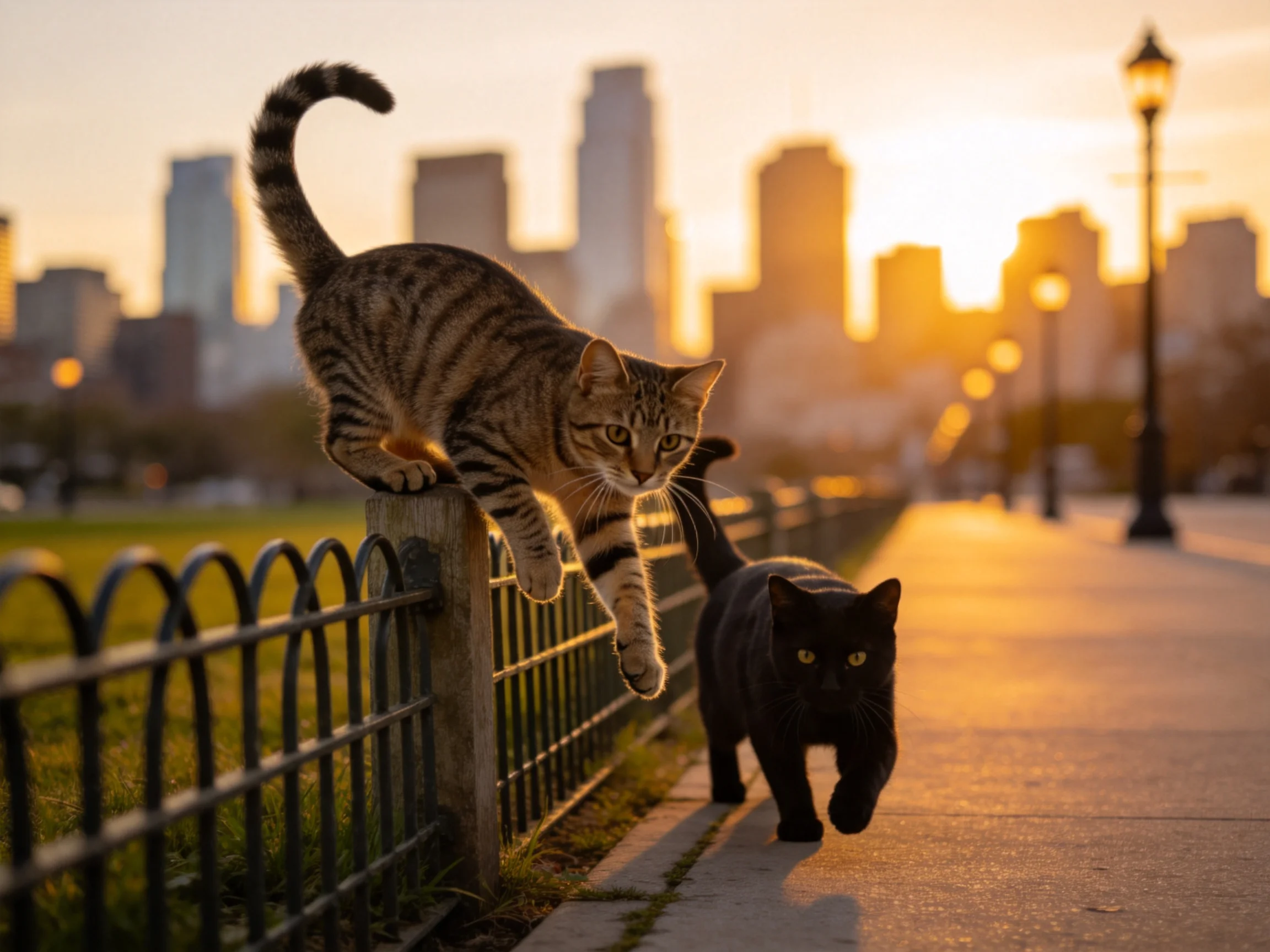 短毛虎斑猫正从铁栅栏的木柱处做出跃起动作，皮毛呈现典型虎斑纹理，旁边短毛黑猫在步道行走。