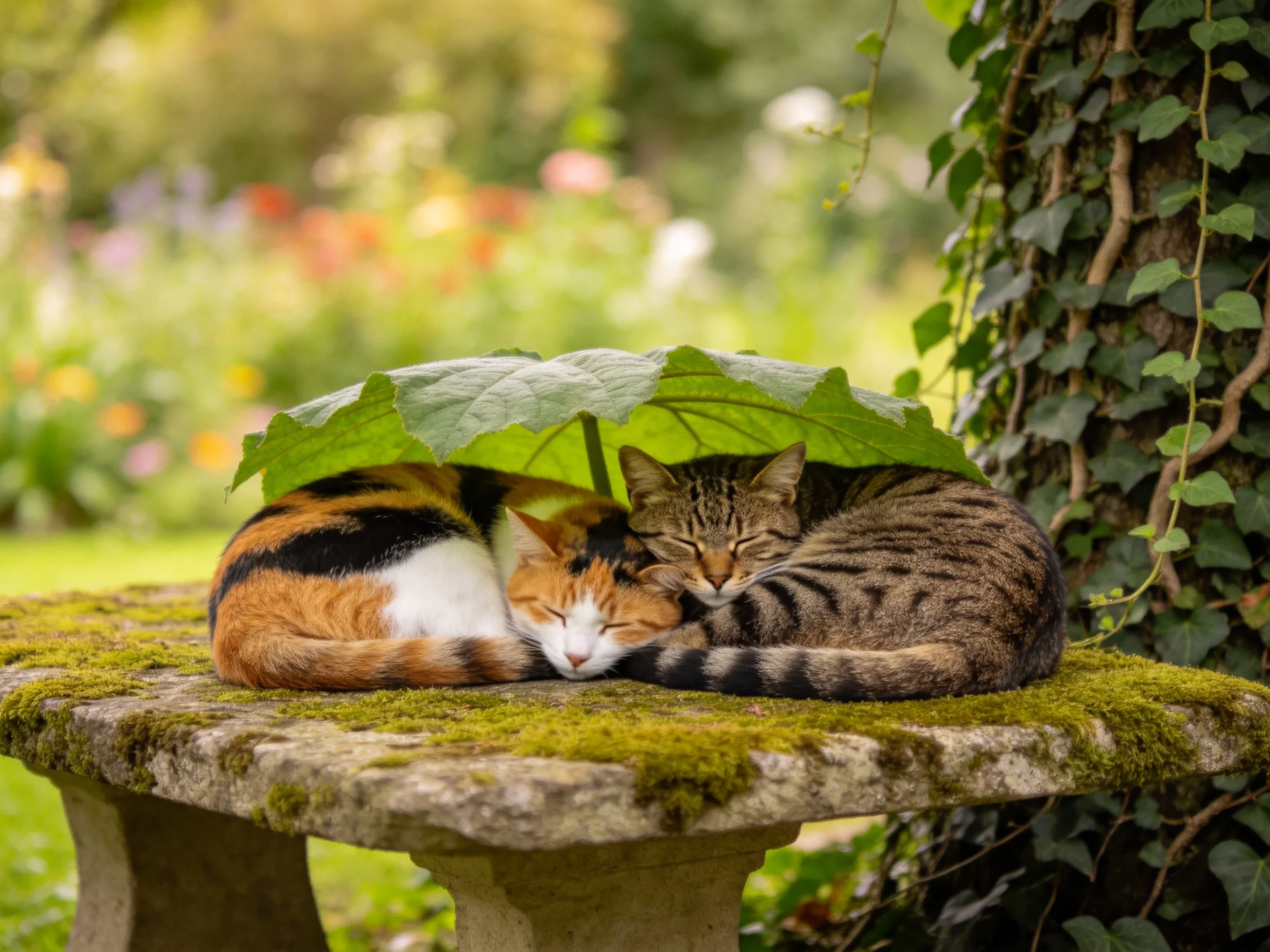 两只短毛家猫在石凳上休息，其中一只是三色花猫，另一只是虎斑猫，它们躲在一片大绿叶下，毛发柔软且蜷缩着睡觉。