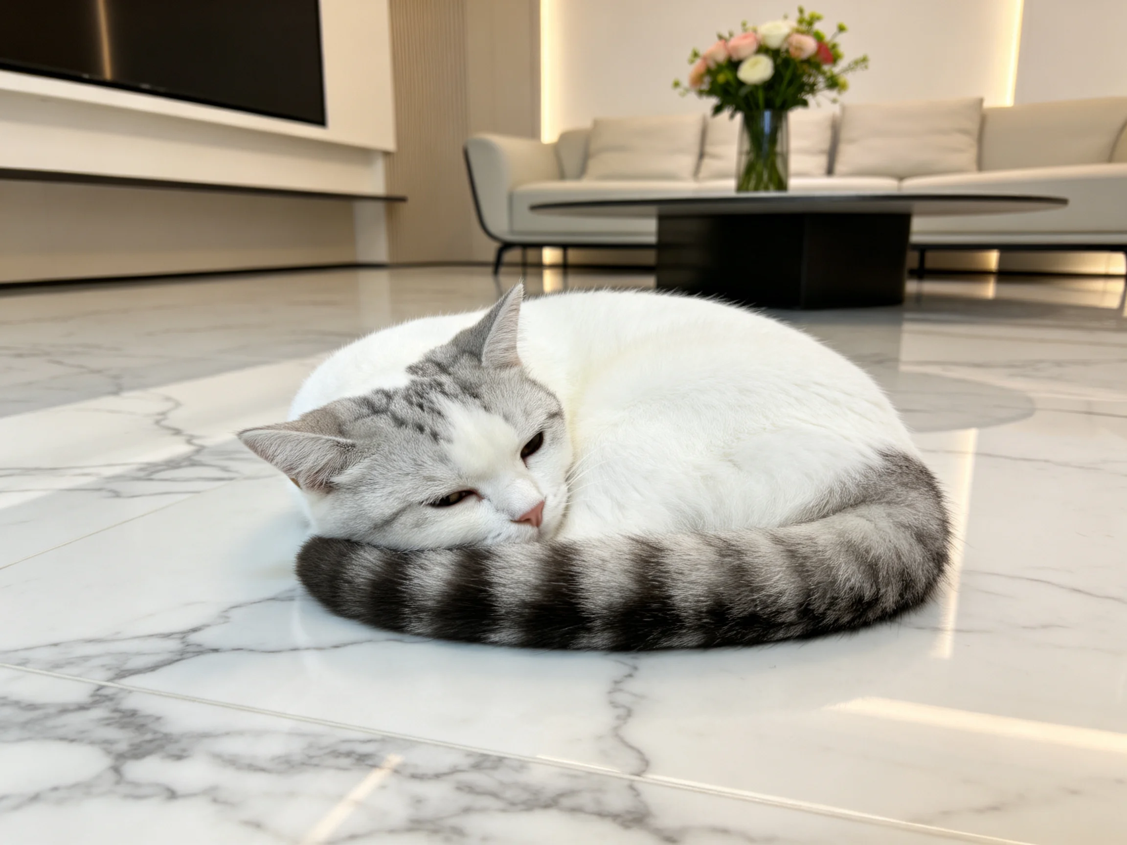 灰白短毛猫蜷卧在客厅白色大理石地面上,尾巴环绕身体,眼部半睁状态清晰可见。
