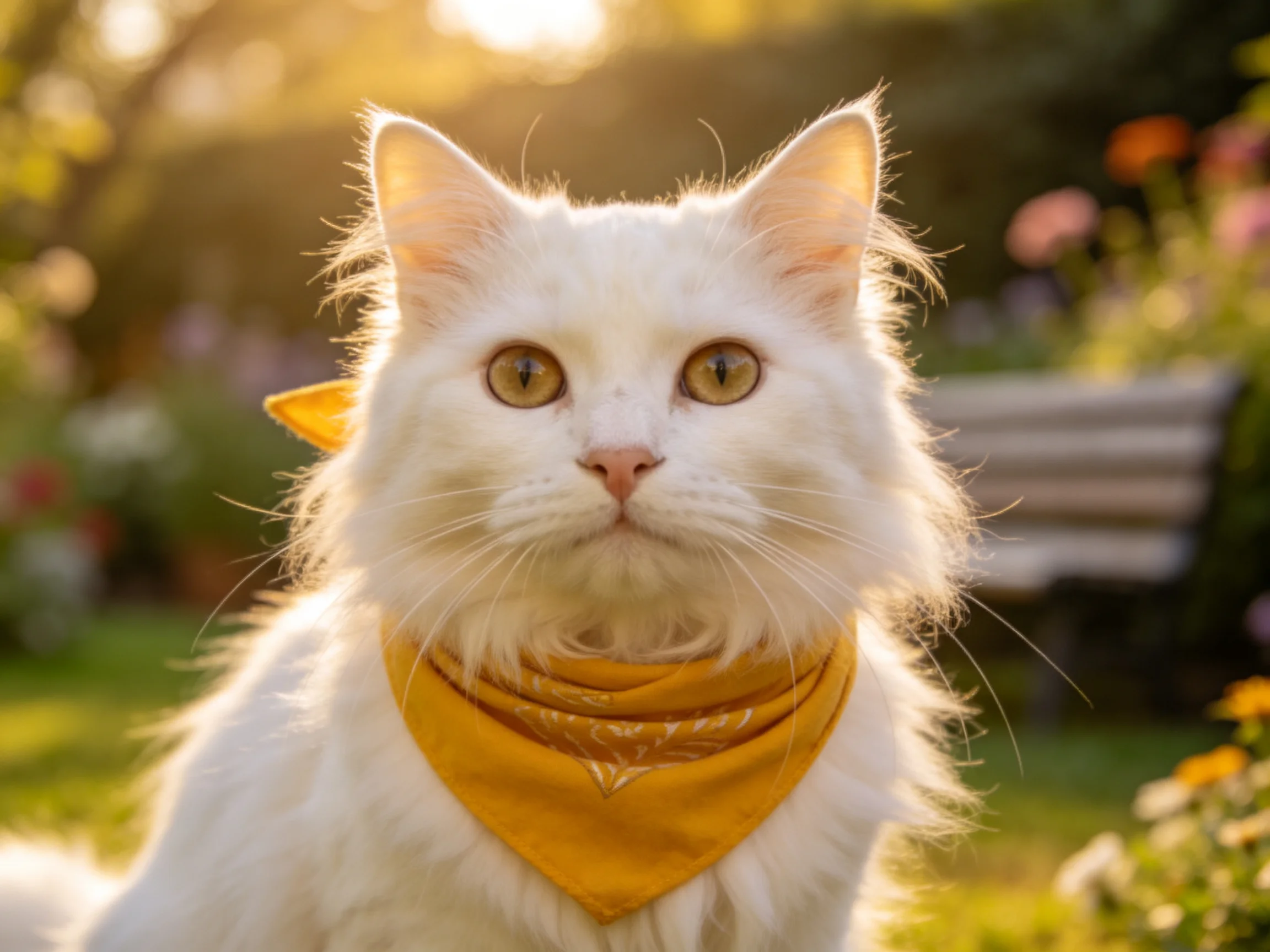 长毛白色家猫佩戴黄色三角巾,眼部明亮,毛发蓬松柔软。