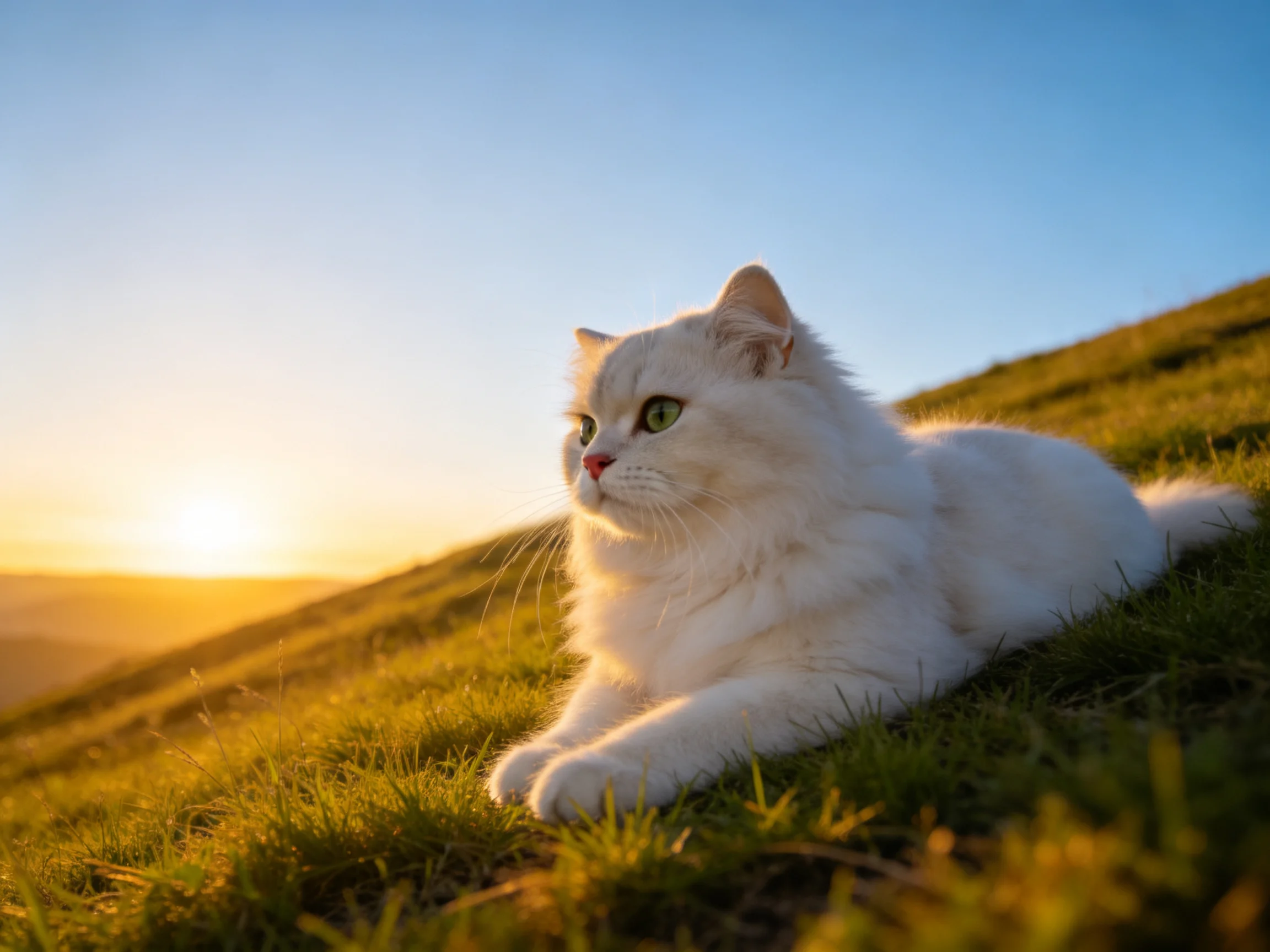 一只长毛白波斯猫趴在草地上,白色蓬松毛发在夕阳下显得柔软洁白,绿色眼睛明亮清澈。