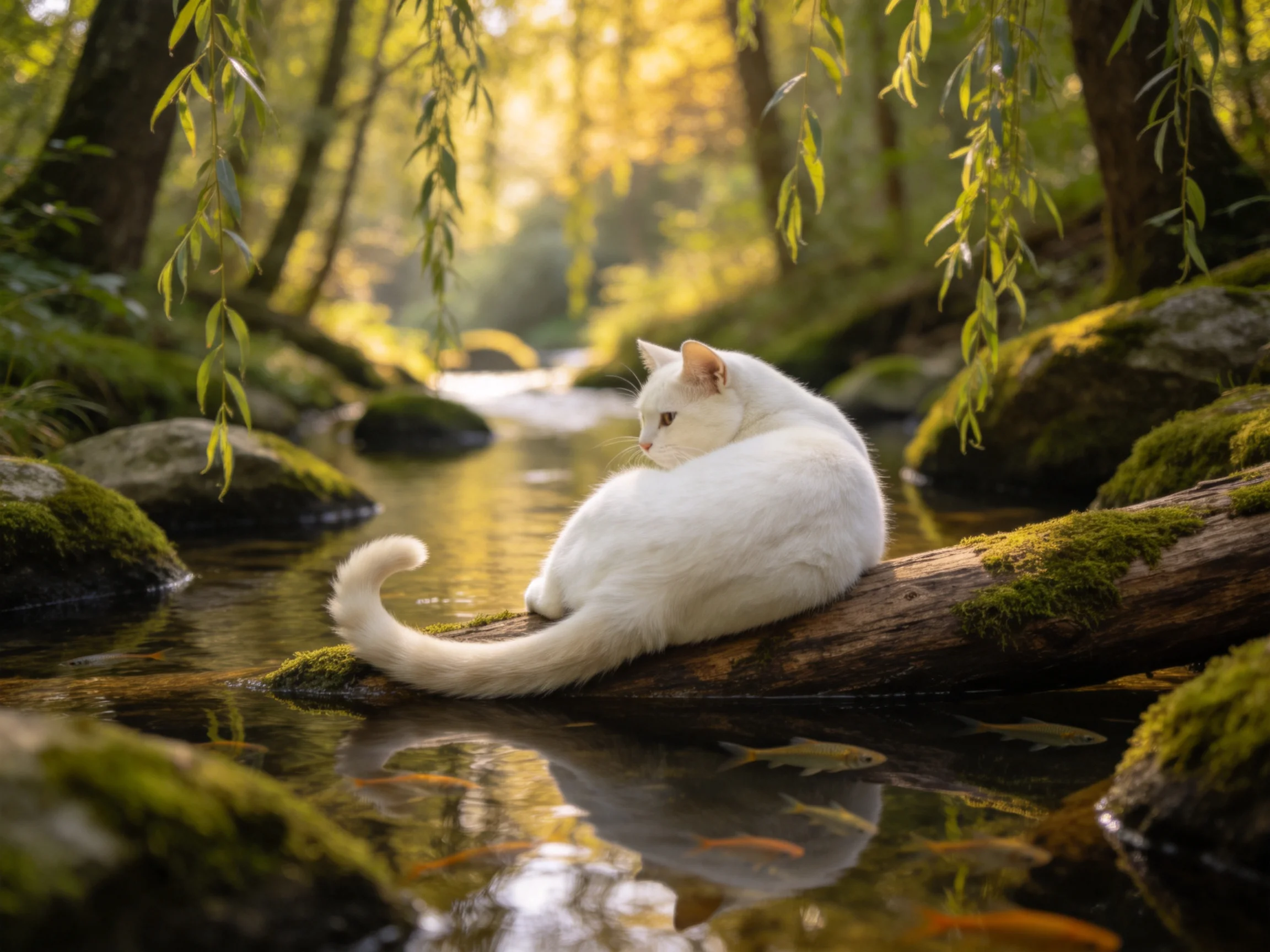 短毛家猫安静地趴在长满青苔的原木上,白色皮毛柔顺贴。