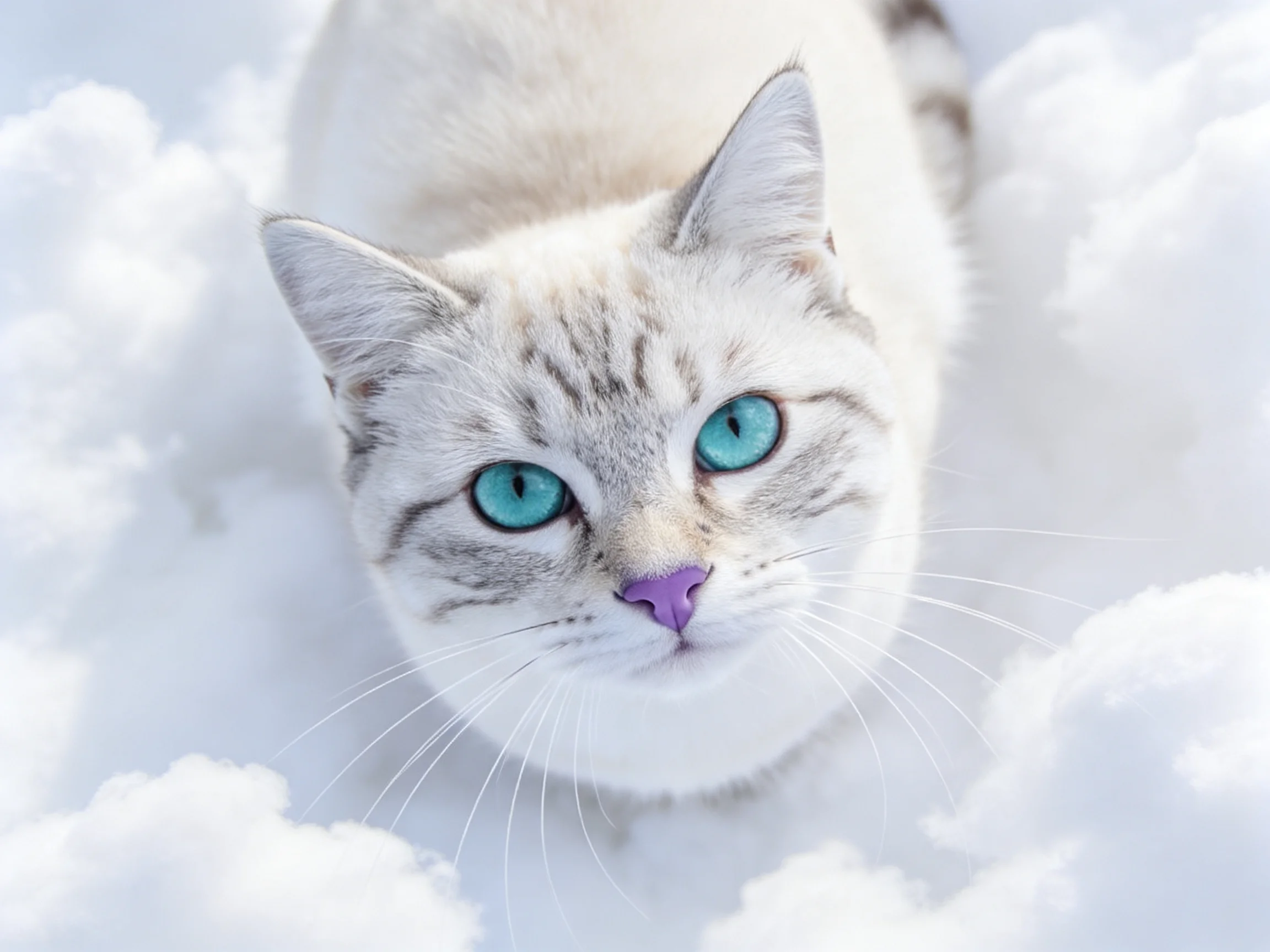 蓝眼白短毛猫注视上方,拥有清澈蓝色眼睛与白色带灰纹的被毛。