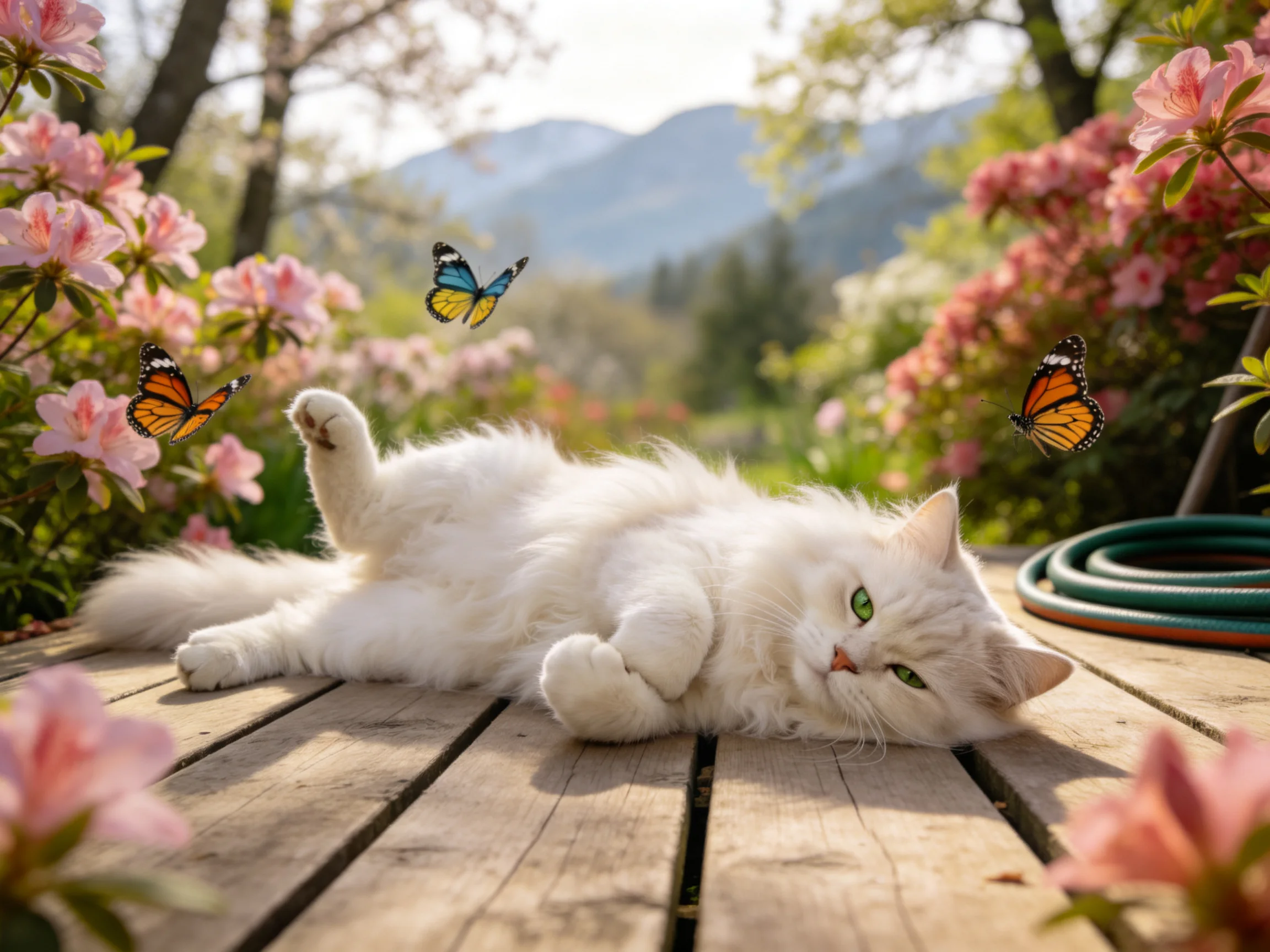 长毛白波斯猫侧卧在花园露台,拥有蓬松白色毛发和翠绿色眼睛,周围有飞舞的蝴蝶和盛开的粉色花卉。