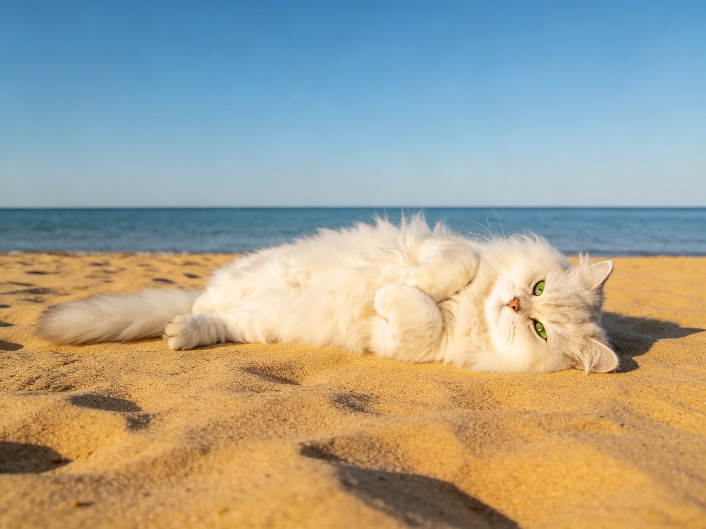 一只长毛波斯猫,蓬松白色的毛发贴在沙滩上,绿色的眼睛注视前方。