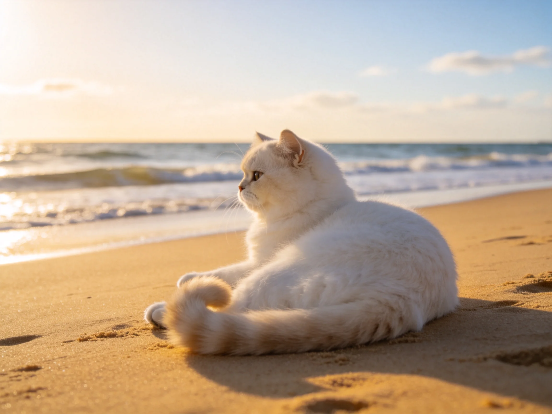 一只白色的英国短毛猫趴在沙滩上,它蓬松的白色被毛在阳光下显得十分柔软。