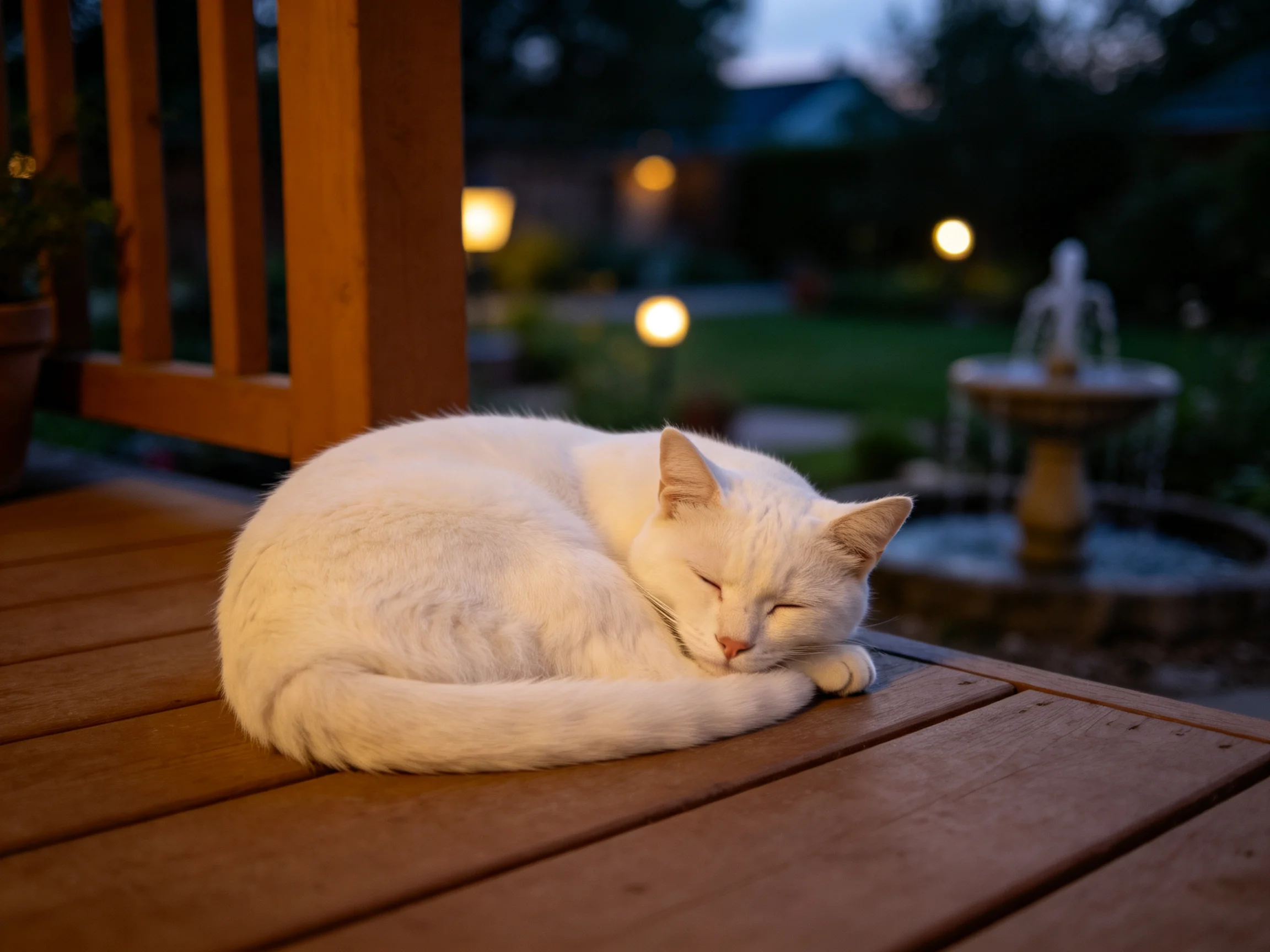 一只短毛家猫,洁白的毛发贴附在木质露台表面,处于睡眠状态。