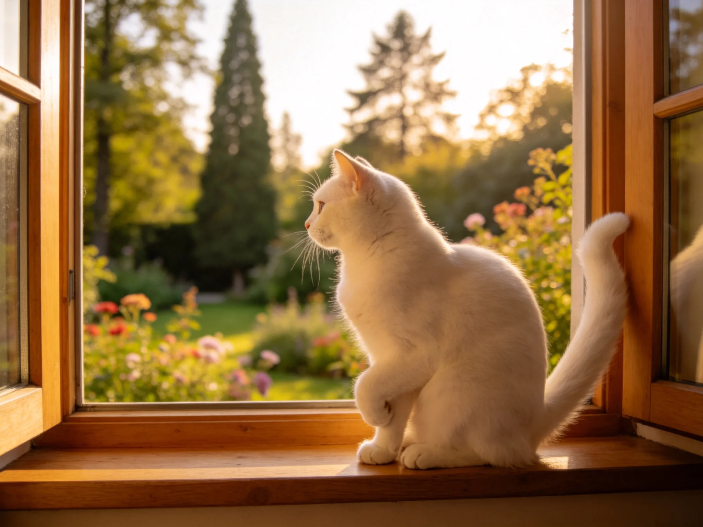 白英国短毛猫有着蓬松的白色毛发,正专注地凝视着窗外的花园景色。