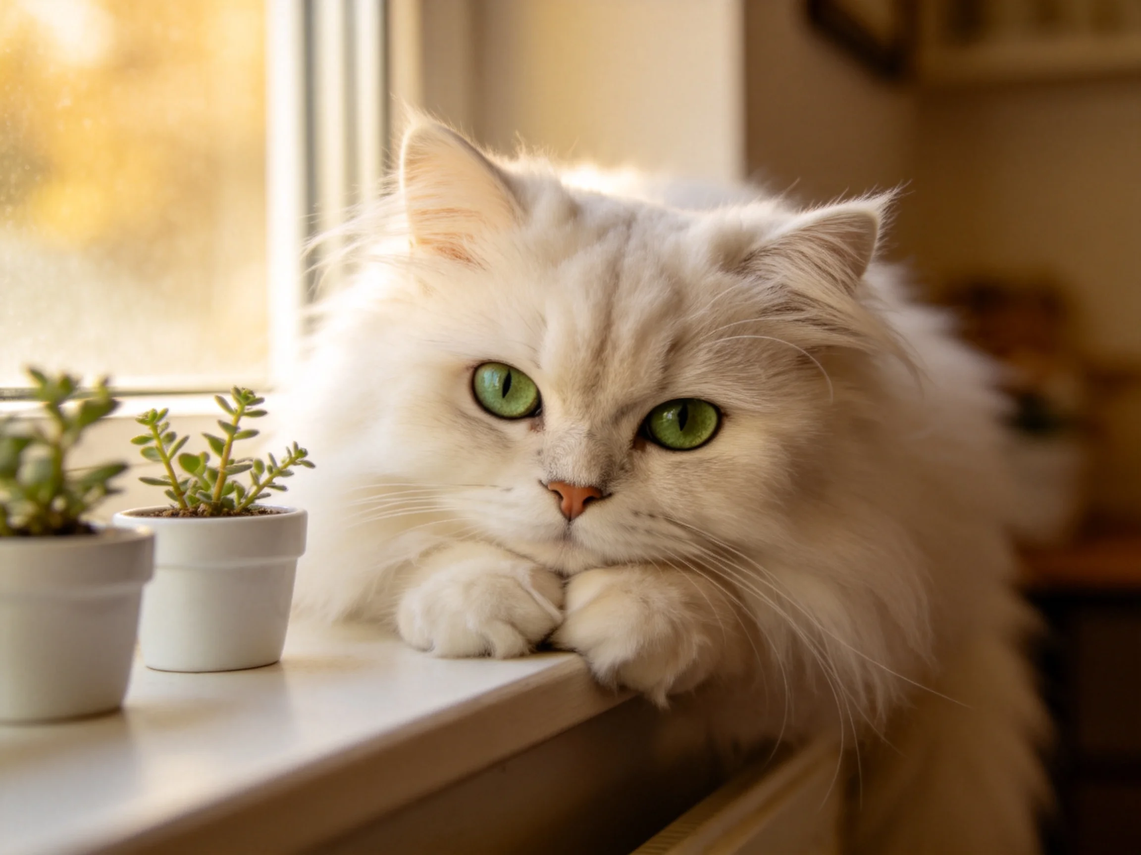 长毛白波斯猫将前爪搭在窗台上,雪白蓬松的毛发与绿色眼睛清晰可见。