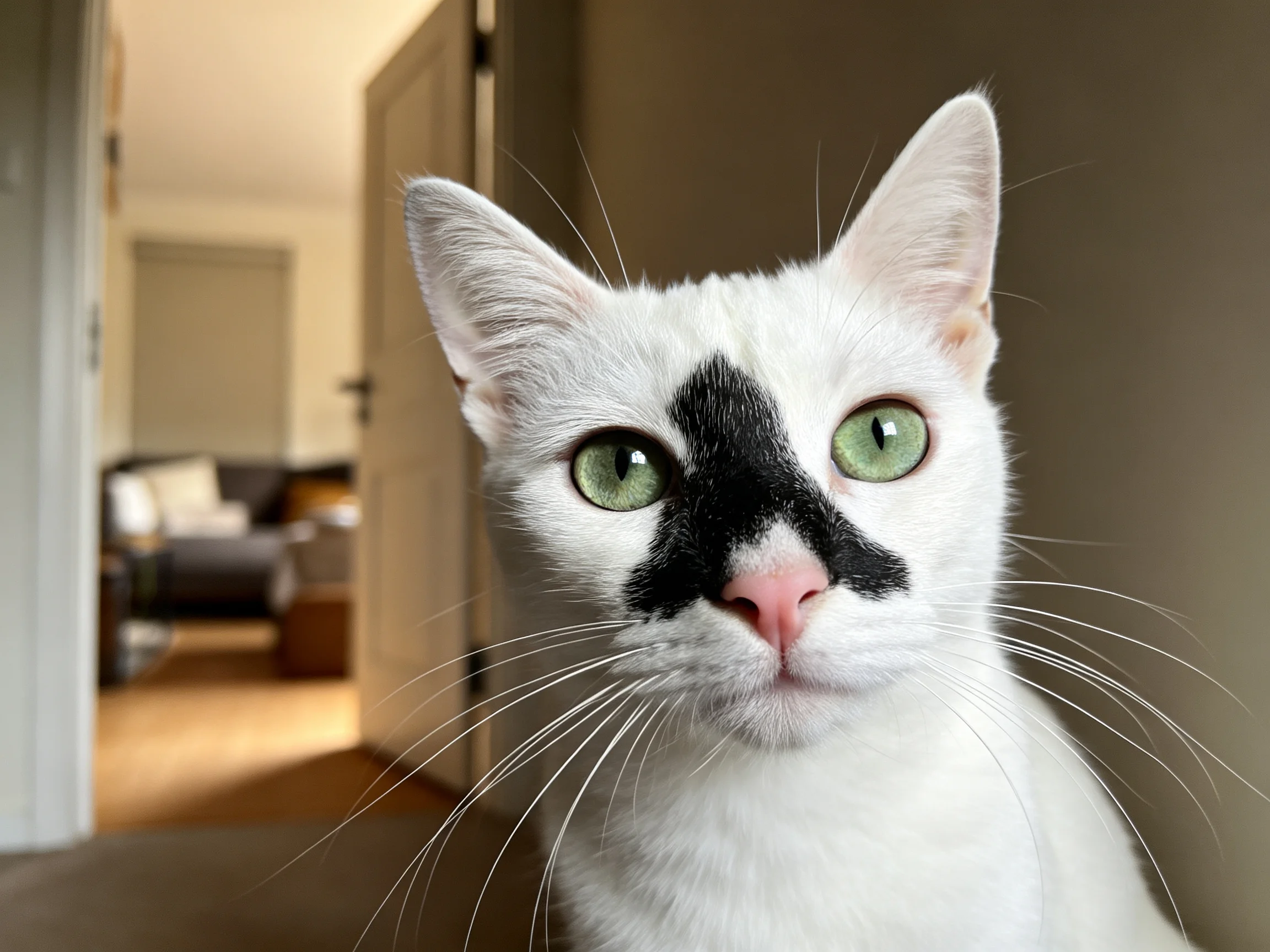 一只短毛家猫,面部呈现黑白斑纹,绿色眼睛明亮,长长的胡须清晰可见,处于室内环境中。
