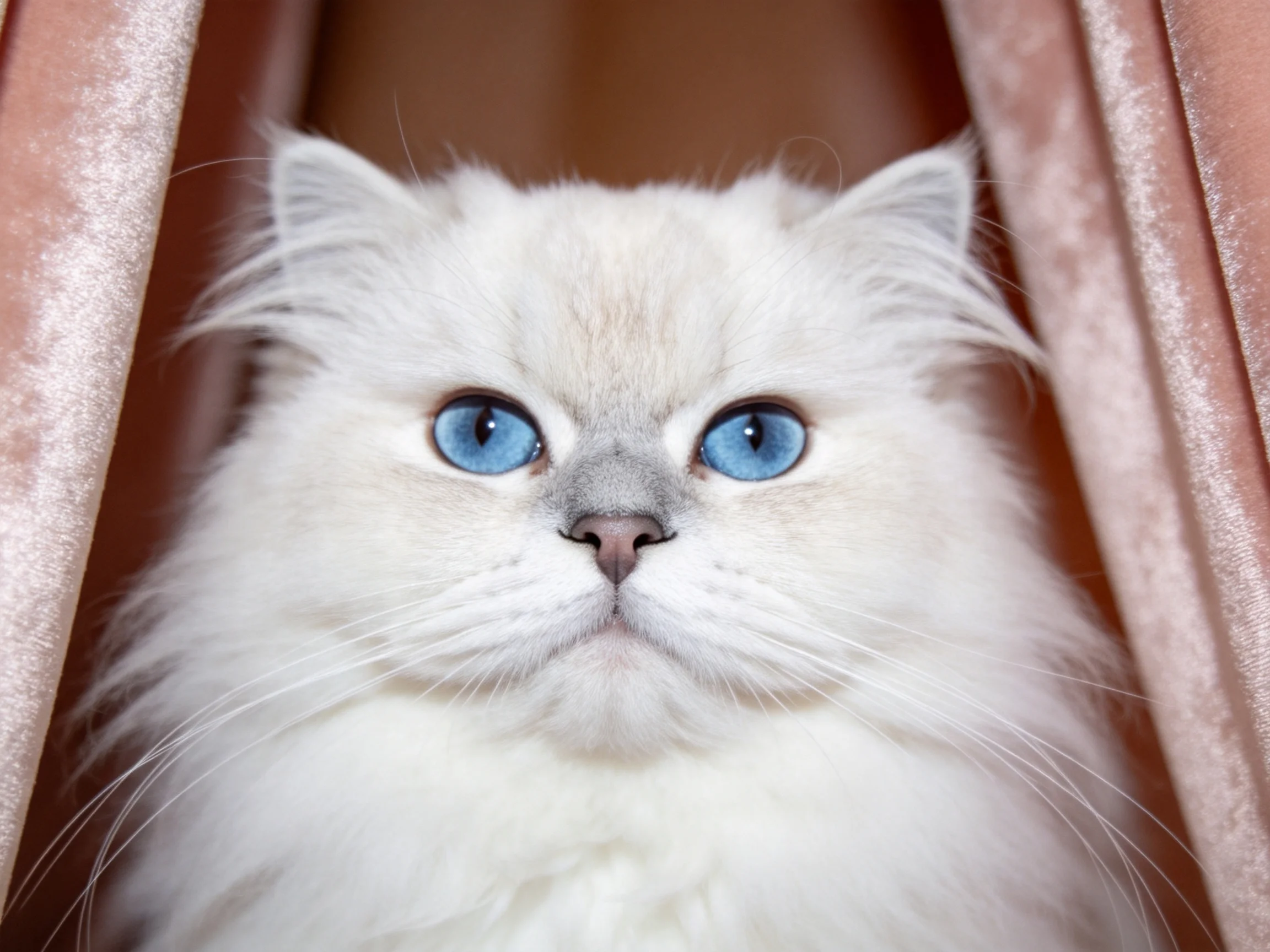 一只蓝眼的布偶猫,有着雪白的毛发,正安静地待在粉色窗帘之间,修长的胡须清晰可见。