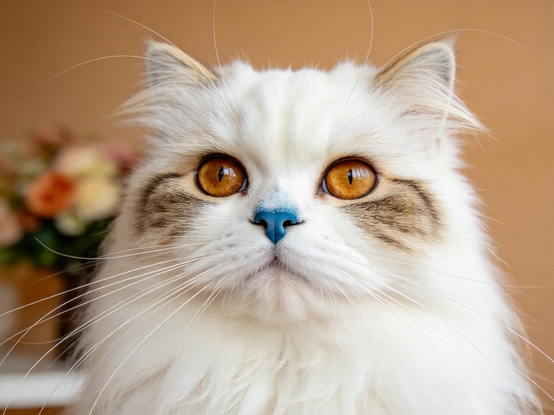 蓝鼻白褐相间的布偶猫,其柔软蓬松的白色毛发与明亮的琥珀色眼睛在室内光下显得格外生动。