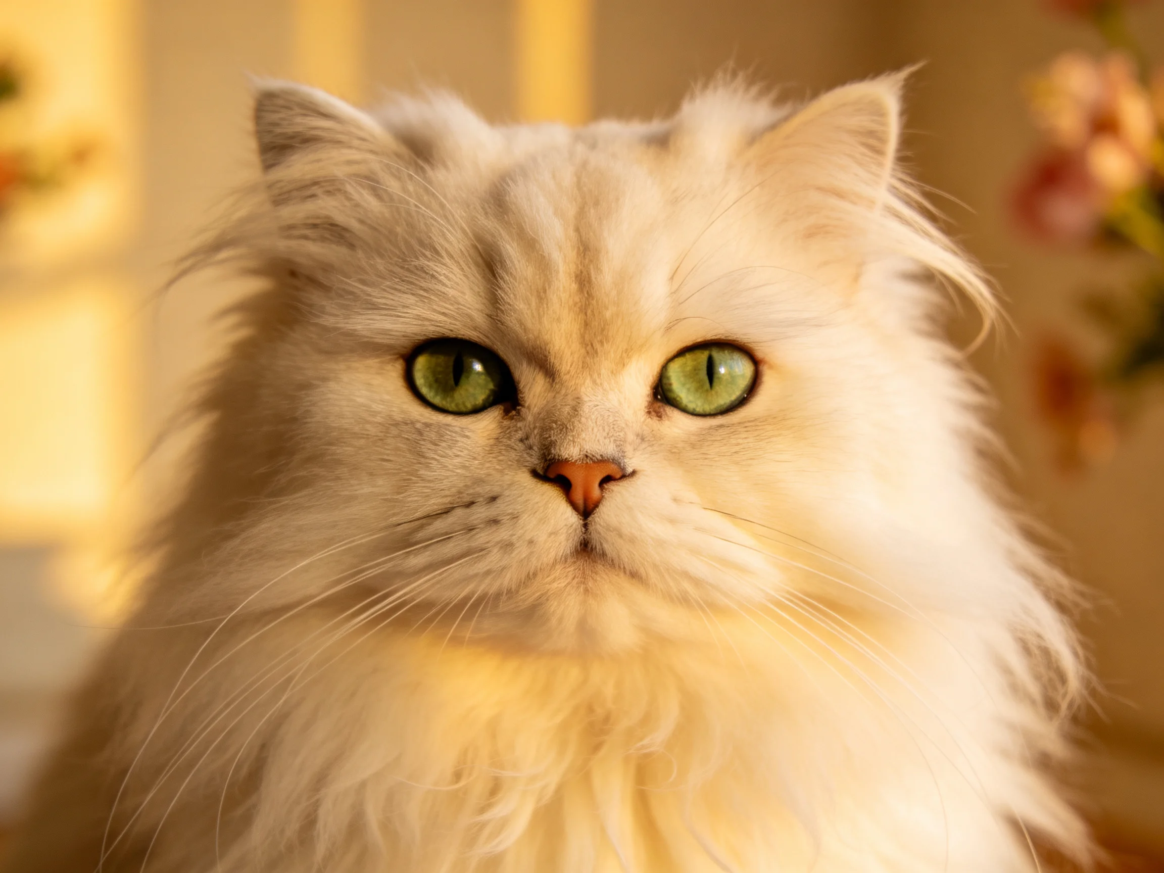 这只长毛白色波斯猫有着明亮的绿色眼睛,蓬松的白色毛发覆盖全身,胡须修长。