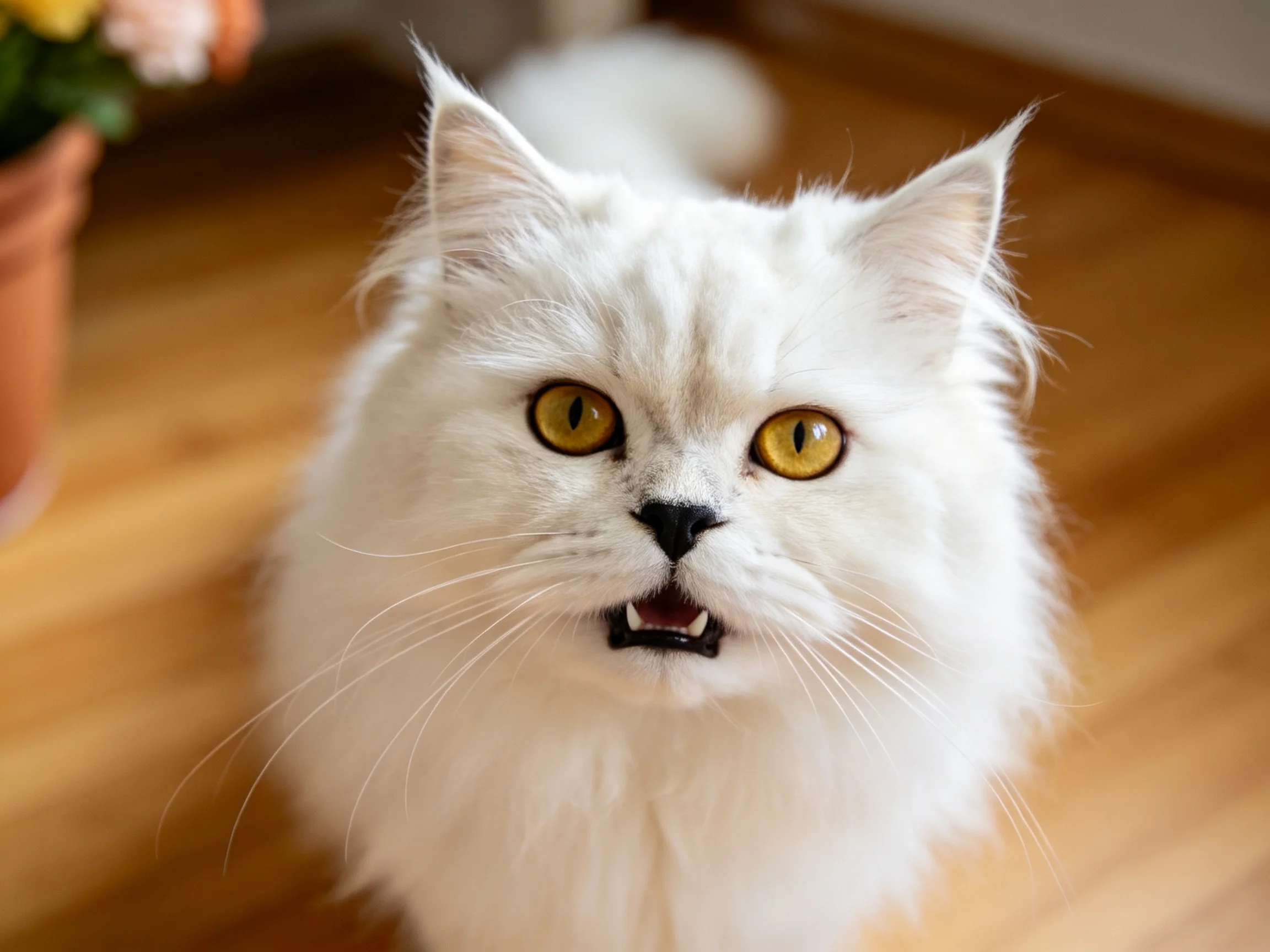 一只长毛白色波斯猫，有着蓬松洁白的毛发和明亮的金色眼睛，嘴巴微张处于发声状态。