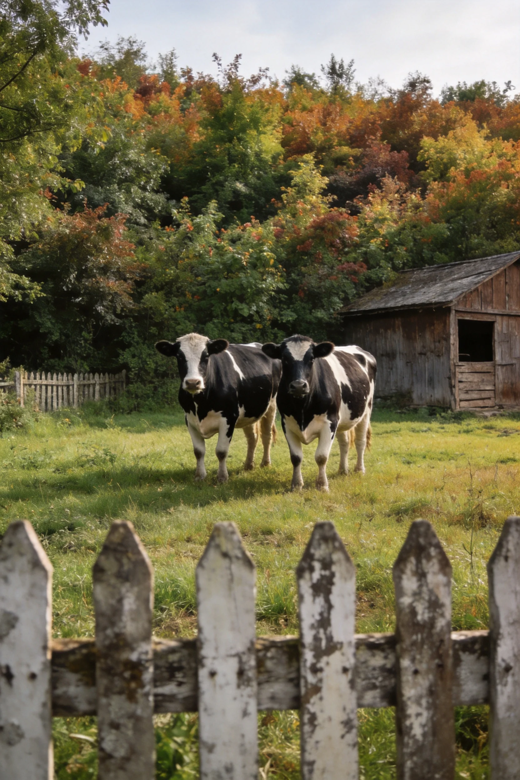 两头荷斯坦奶牛有着黑白相间的皮毛,站在青绿色草地上,背景是木质农舍与秋色树林。
