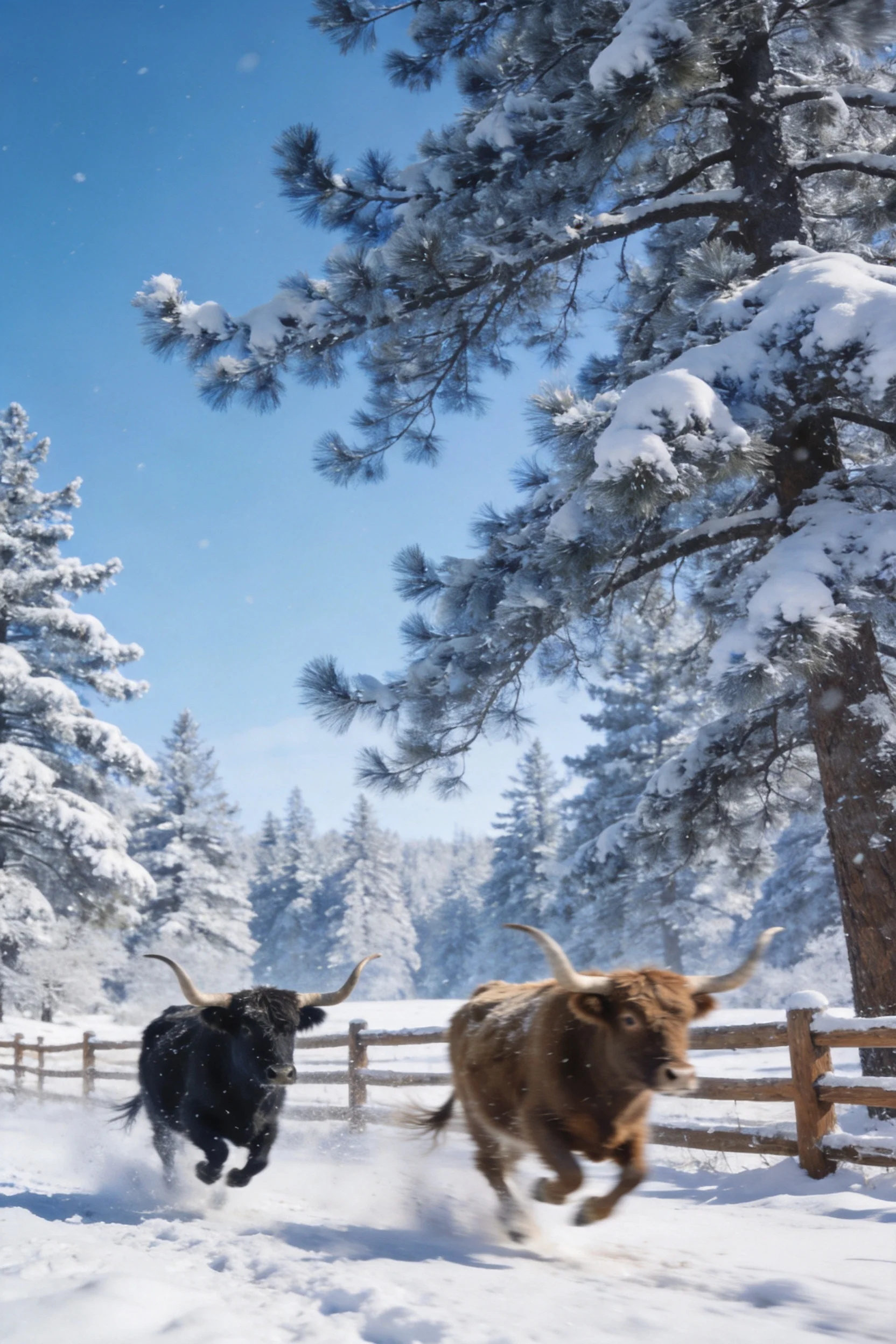 高地牛正以长角奔跑,深棕色皮毛在雪地反光下清晰可见。