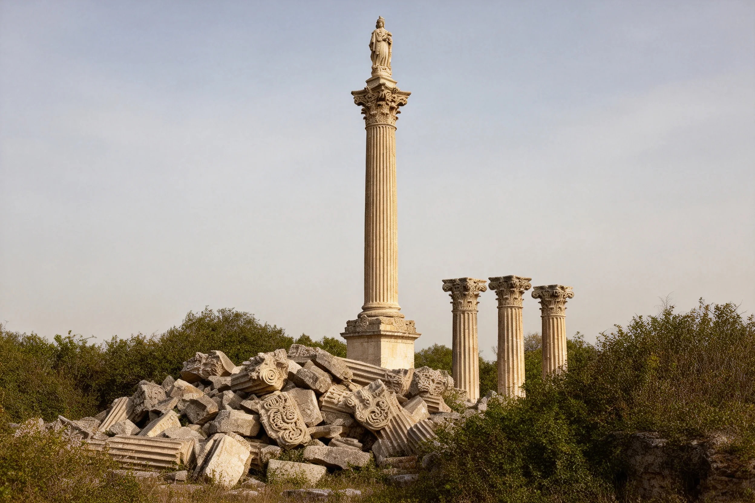 古代科林斯柱群遗址遗迹中,高大的科林斯柱身纹理清晰,周围散落着带精美雕刻的石块残片。