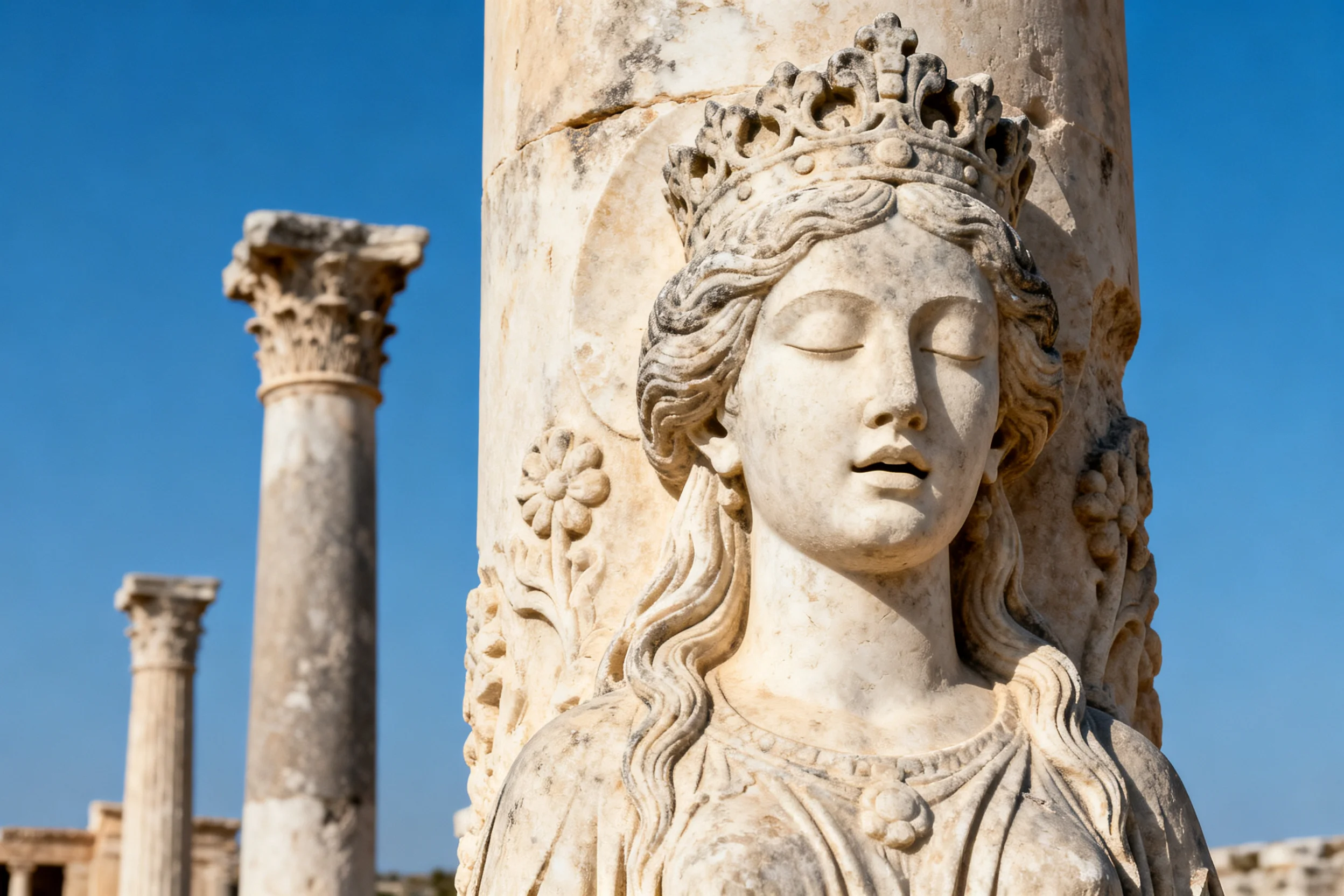 古代石雕女性雕像,面部表情平静,头顶有精致王冠装饰,石材表面有岁月侵蚀痕迹。