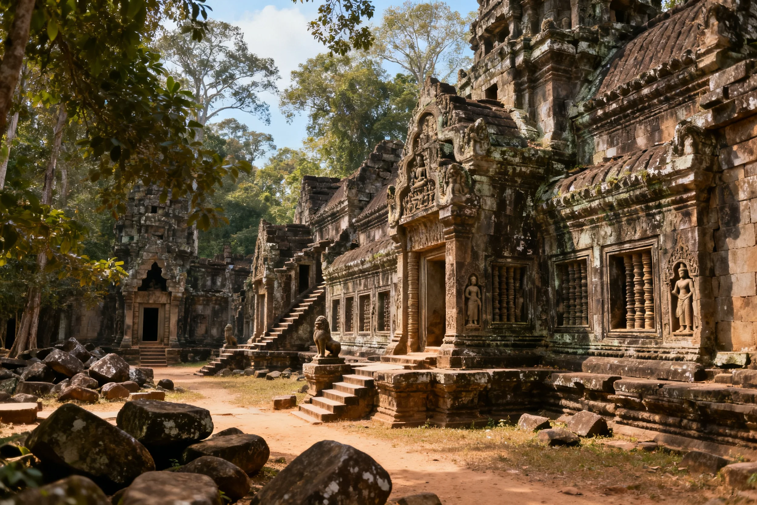 古代石质寺庙建筑上雕刻着姿态各异的人像,石面粗糙有风化痕迹。