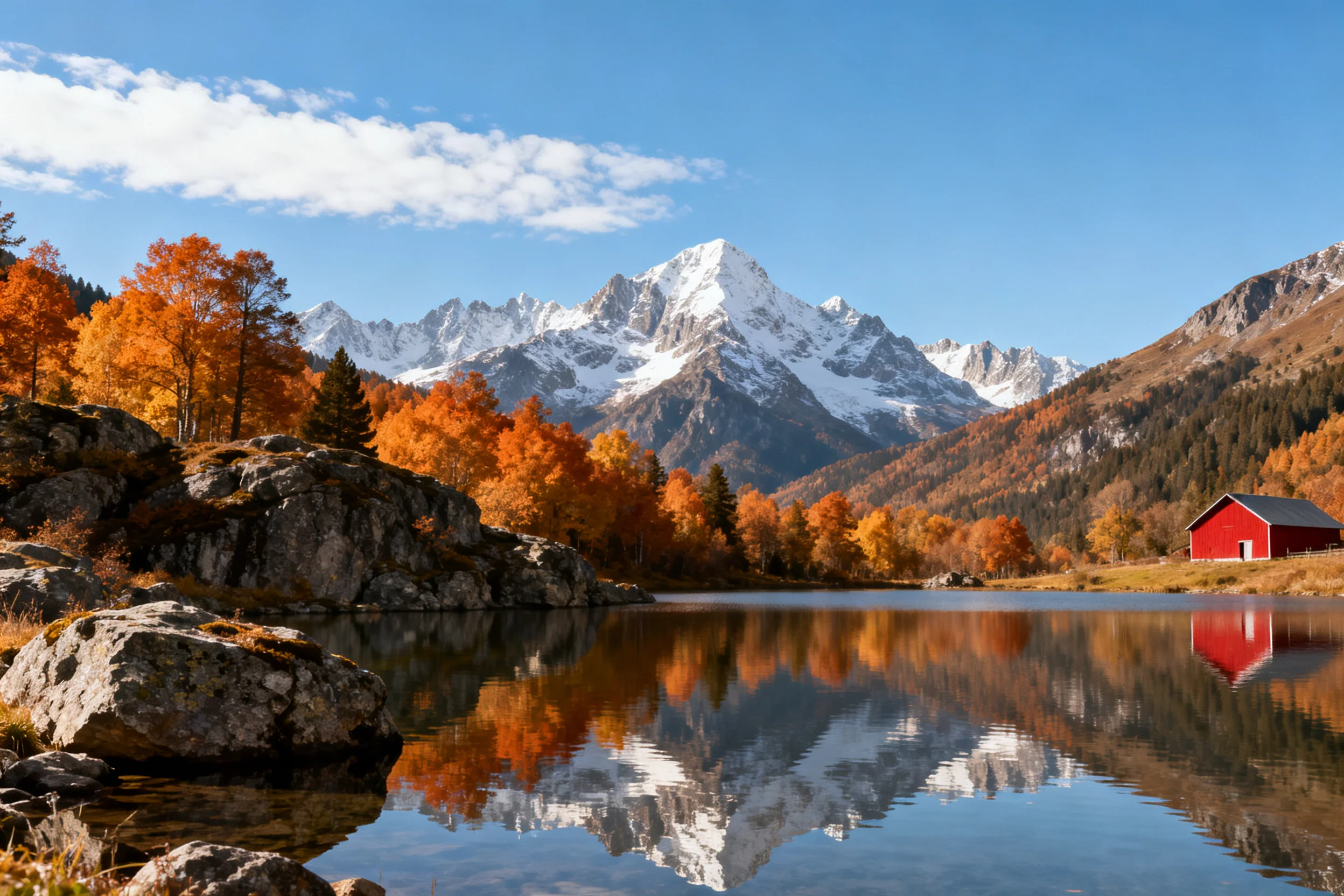 高山秋景与雪山、秋林在平静湖面上形成清晰的倒影,红色木屋位于湖边草地旁。