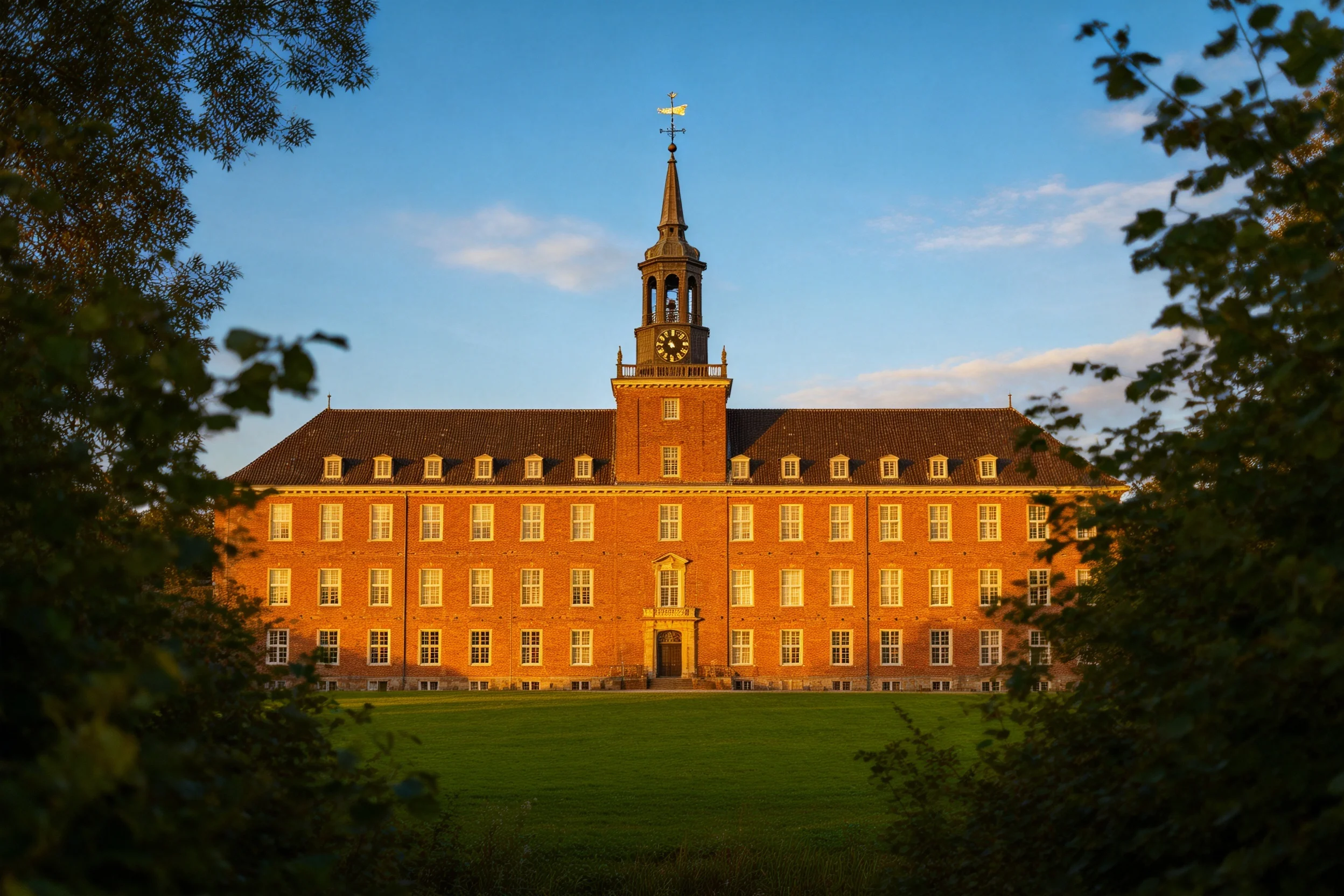 红砖宫殿式建筑带有钟表塔楼,砖墙呈现红色,窗户排列整齐。