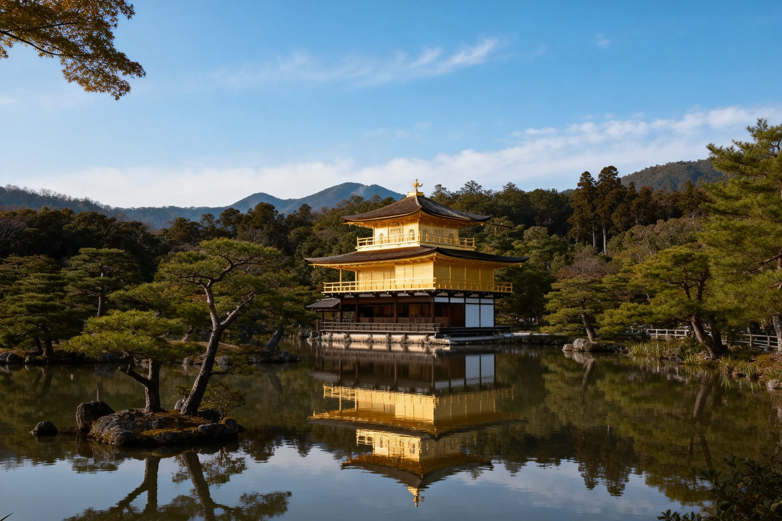 金阁寺的金色外墙在湖水中呈现出清晰的倒影,水面平静如镜,反射出建筑的细节与周围树木。