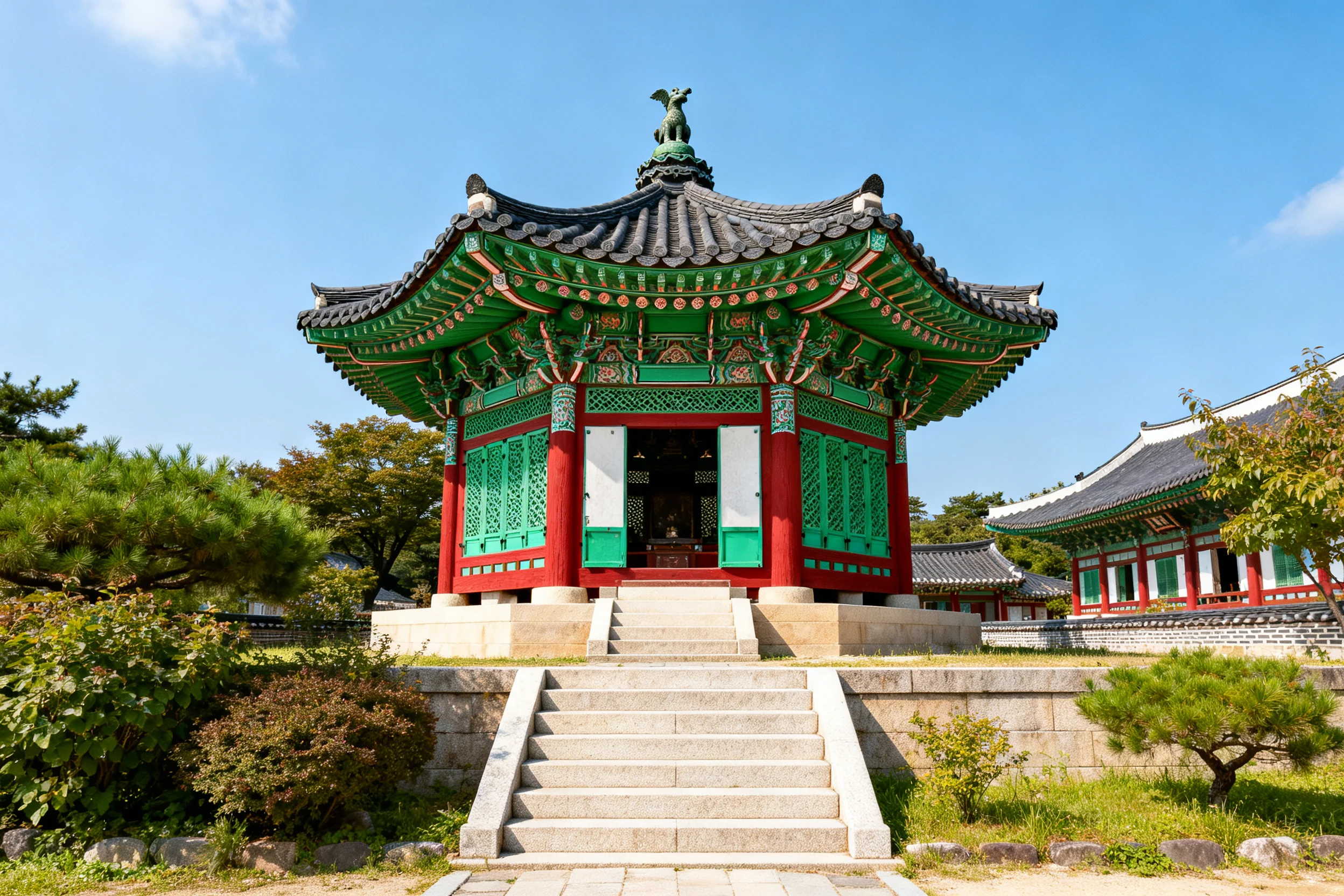 韩式皇家古亭有着绿色和红色相间的彩绘装饰,屋顶呈典型曲线造型,石阶通向其入口处。