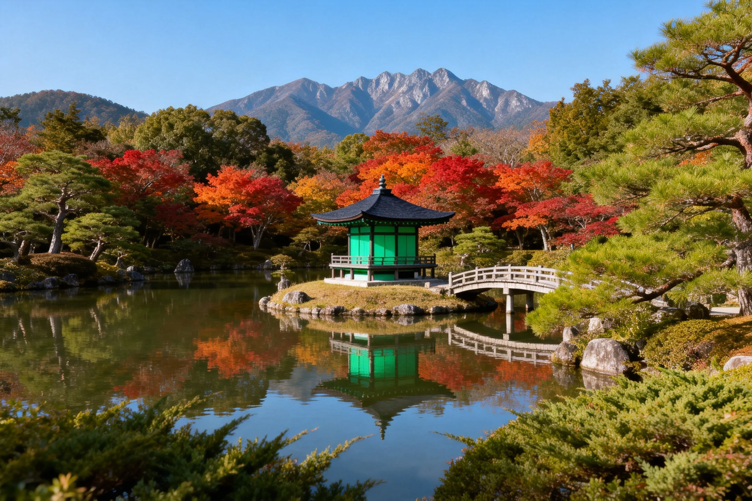 绿色日式凉亭矗立在池塘中央，其黑色屋顶与绿色墙体在水面形成清晰的倒影。
