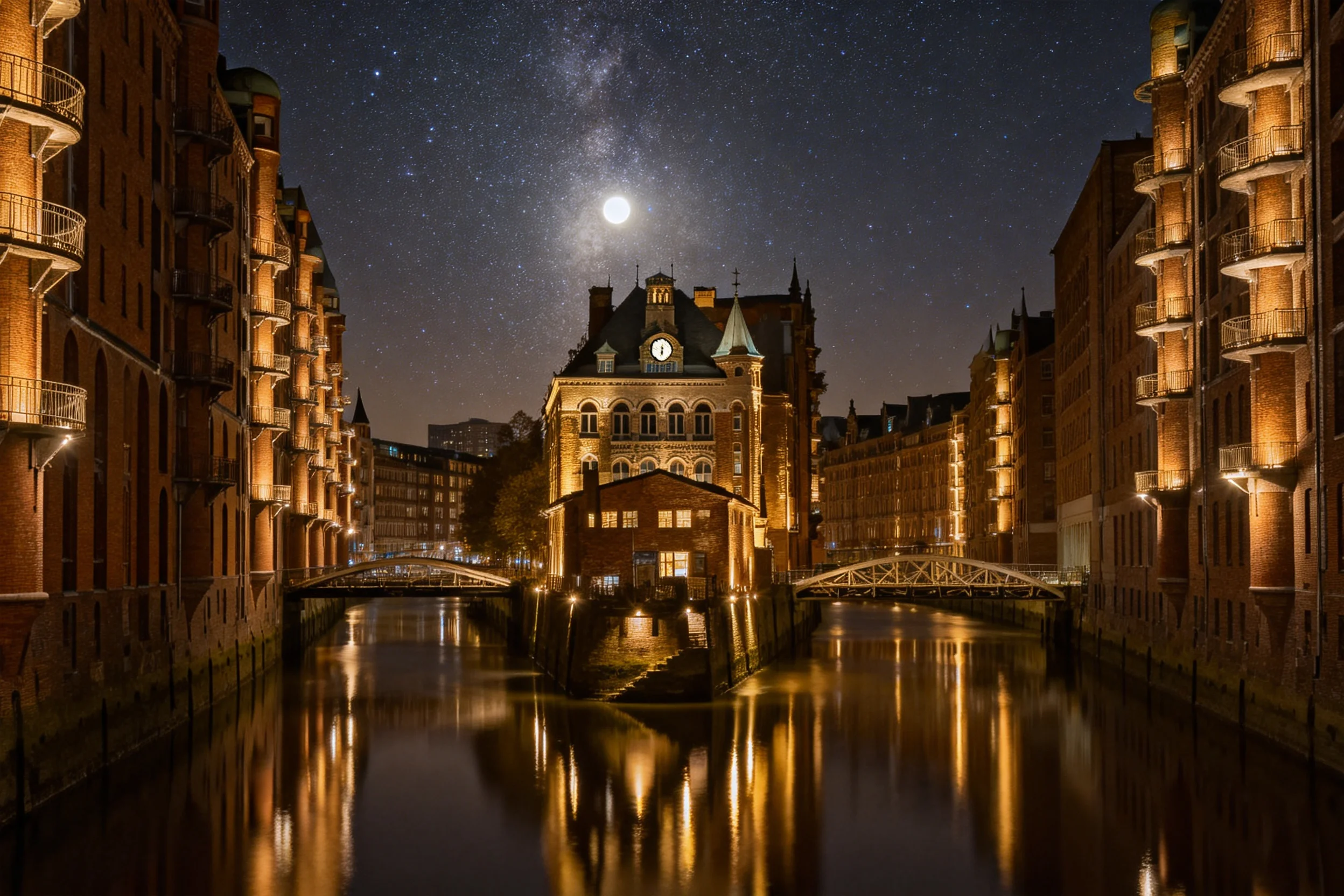 历史仓库街区建筑在夜晚灯光下,砖红色外墙与暖黄色灯光结合,运河水面清晰倒映出建筑轮廓。
