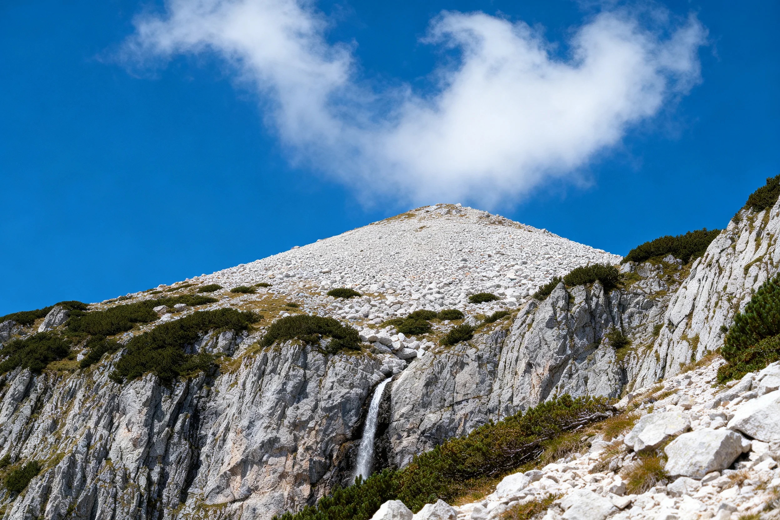 石灰岩山峰矗立在蓝天之下,岩石表面布满白色碎石,瀑布从岩石缝隙间缓缓流淌,灌木丛分布在岩石之间。