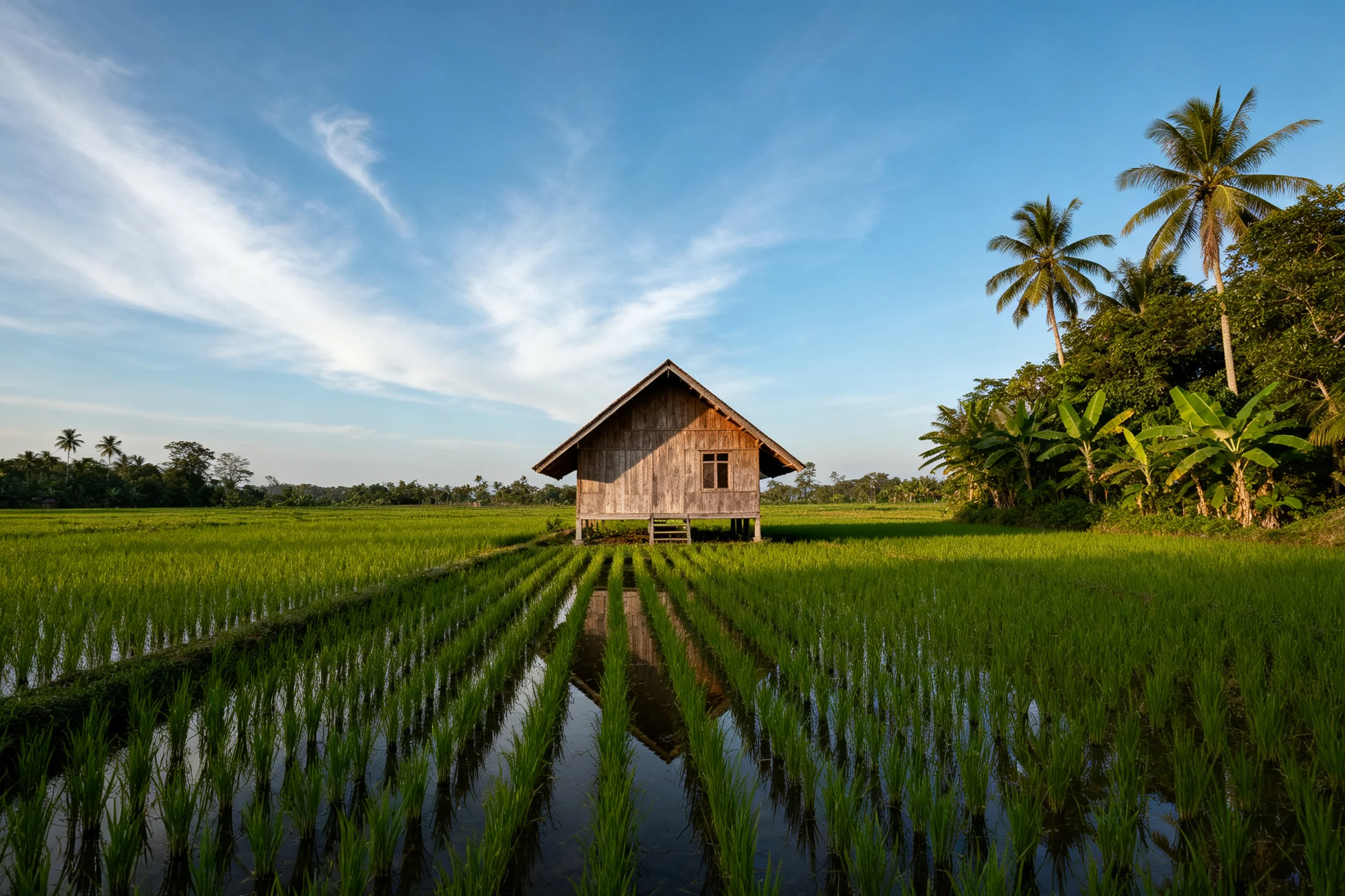 东南亚传统高架木屋,浅棕色木质外观,三角形坡面屋顶,周围是整齐排列的绿色稻苗,水面清晰倒映木屋形态。