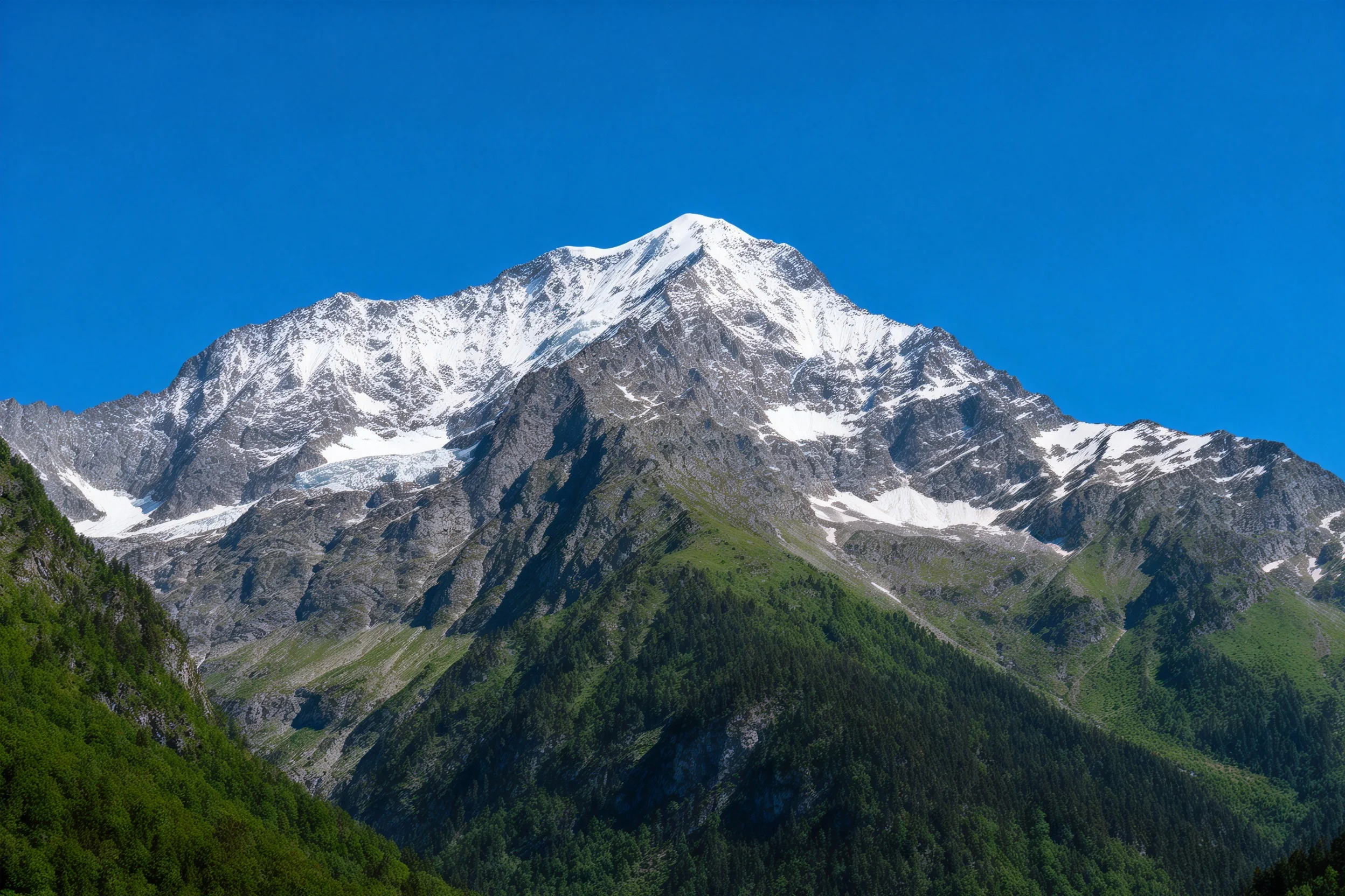 雪顶山峰巍峨耸立,岩石表面纹理清晰,山林翠绿茂密,蓝天澄澈无云。