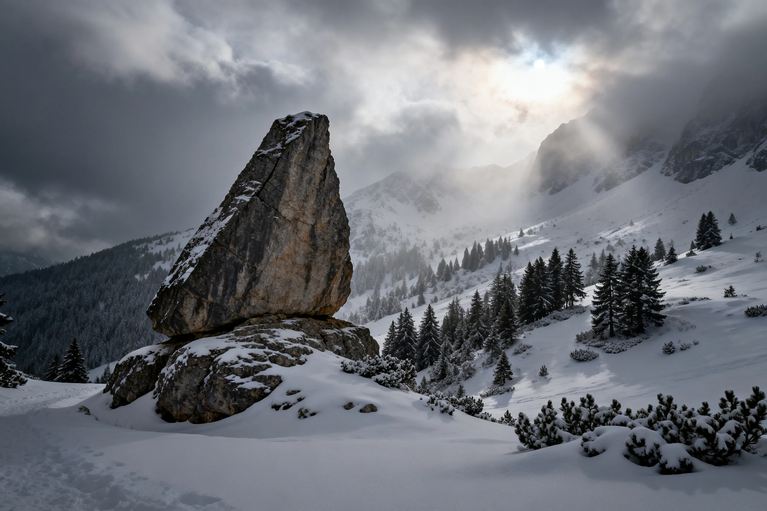 雪地巨岩构造,表面粗糙的石质纹理与周围蓬松的积雪形成鲜明对比,岩石底部稳固支撑着上方的巨岩部分。