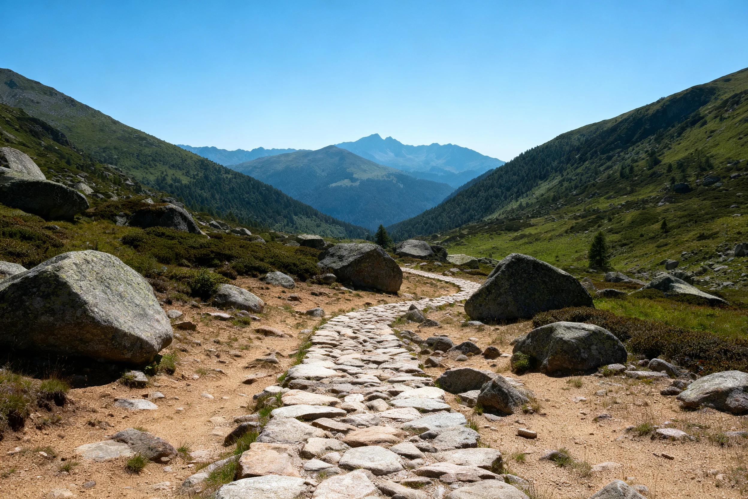 山地石板步道路径,路面由不规则石块构成,石块表面有纹理与岁月痕迹。