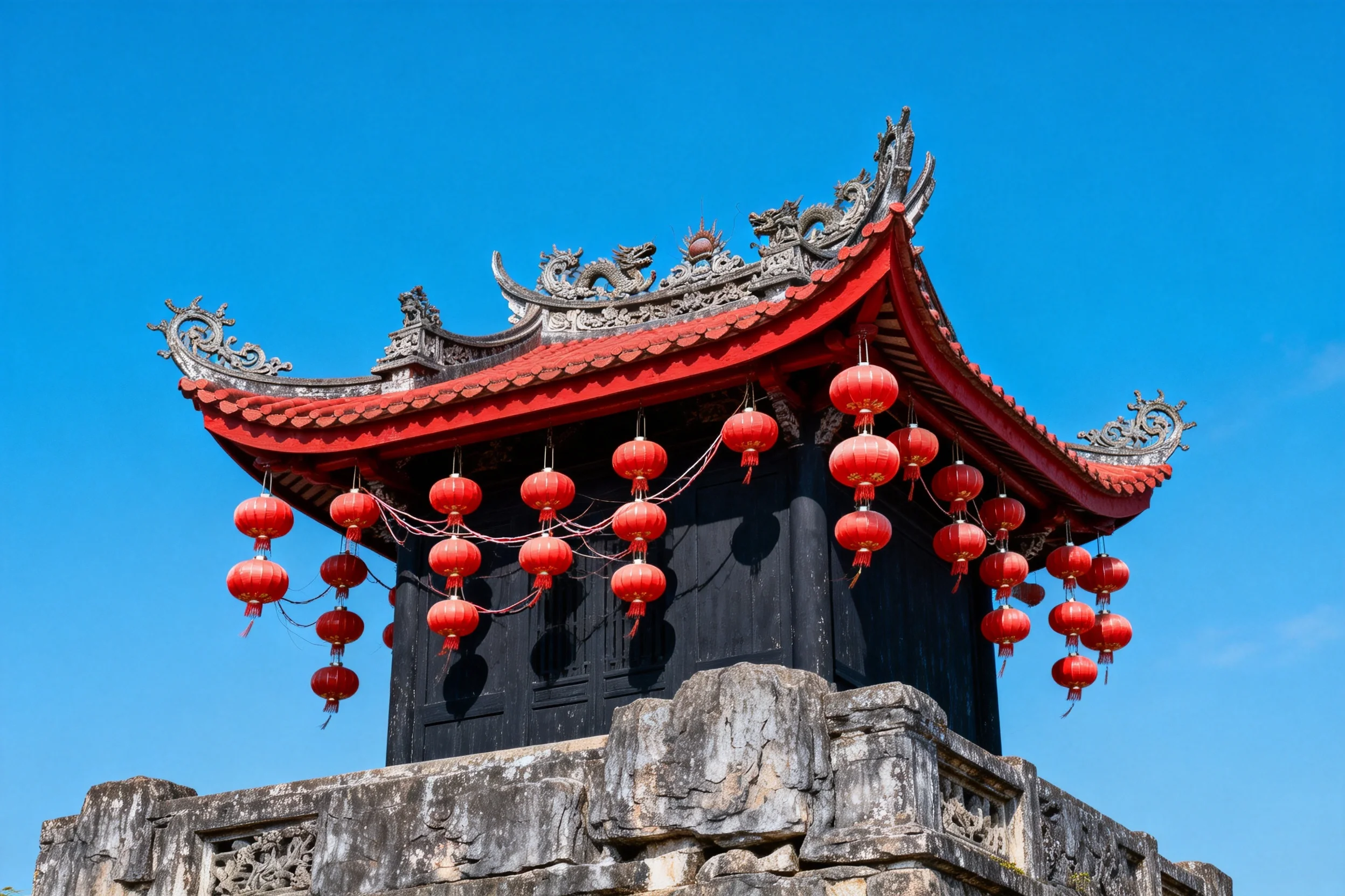 传统中式塔楼悬挂红色灯笼，灯笼表面光滑，石基纹理清晰。