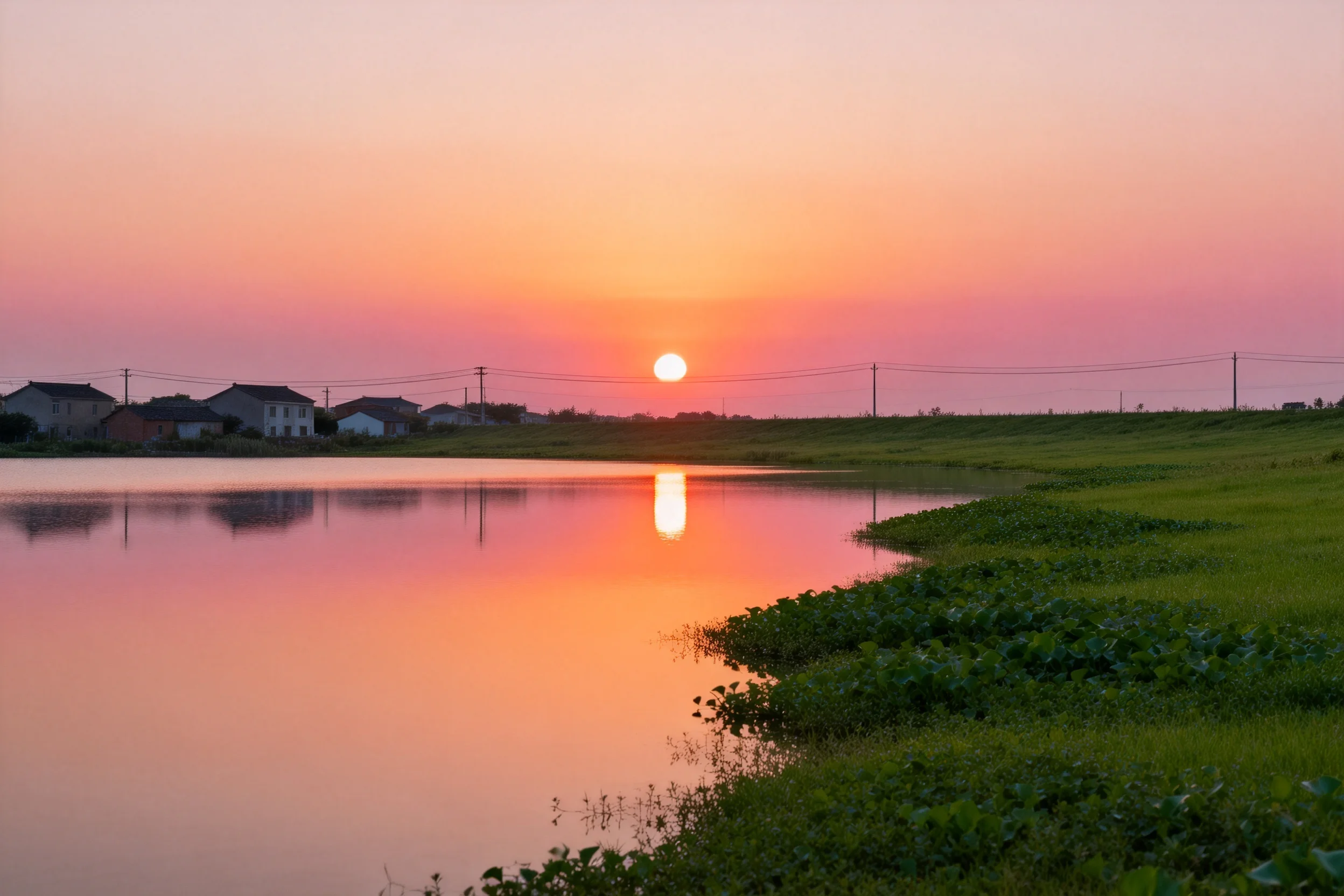 江南水乡的日落景象,橙红色的天空与平静水面形成清晰倒影,远处传统民居分布在水域岸边。
